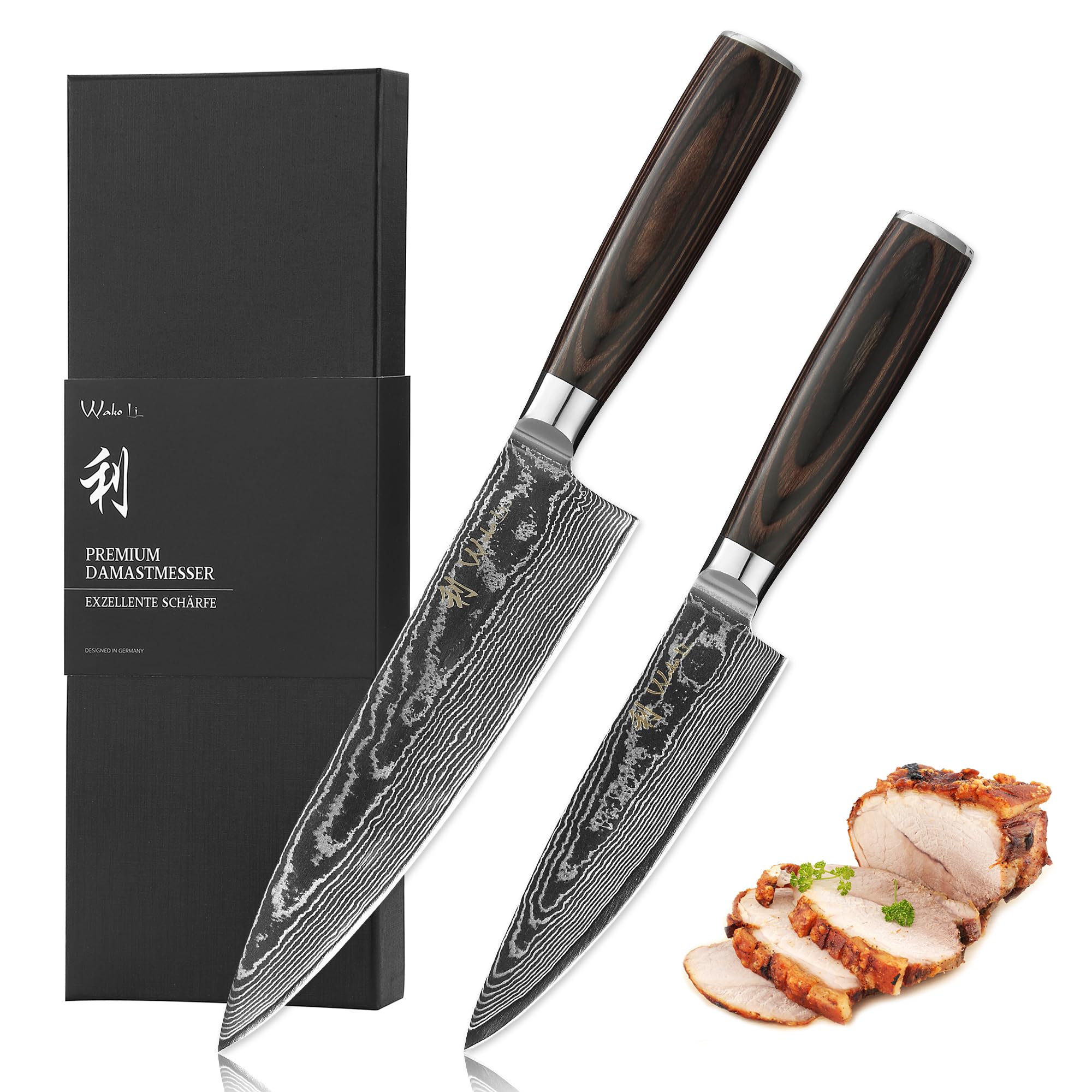 Wakoli Pakkawood Edib Essentials 2 Pieces Kitchen Knife Set | Chef's Knives Made From 67 Layers Of Damascus Steel With Vg10 Core | Professional Knives With Handle | Gift Box & Finger Protector