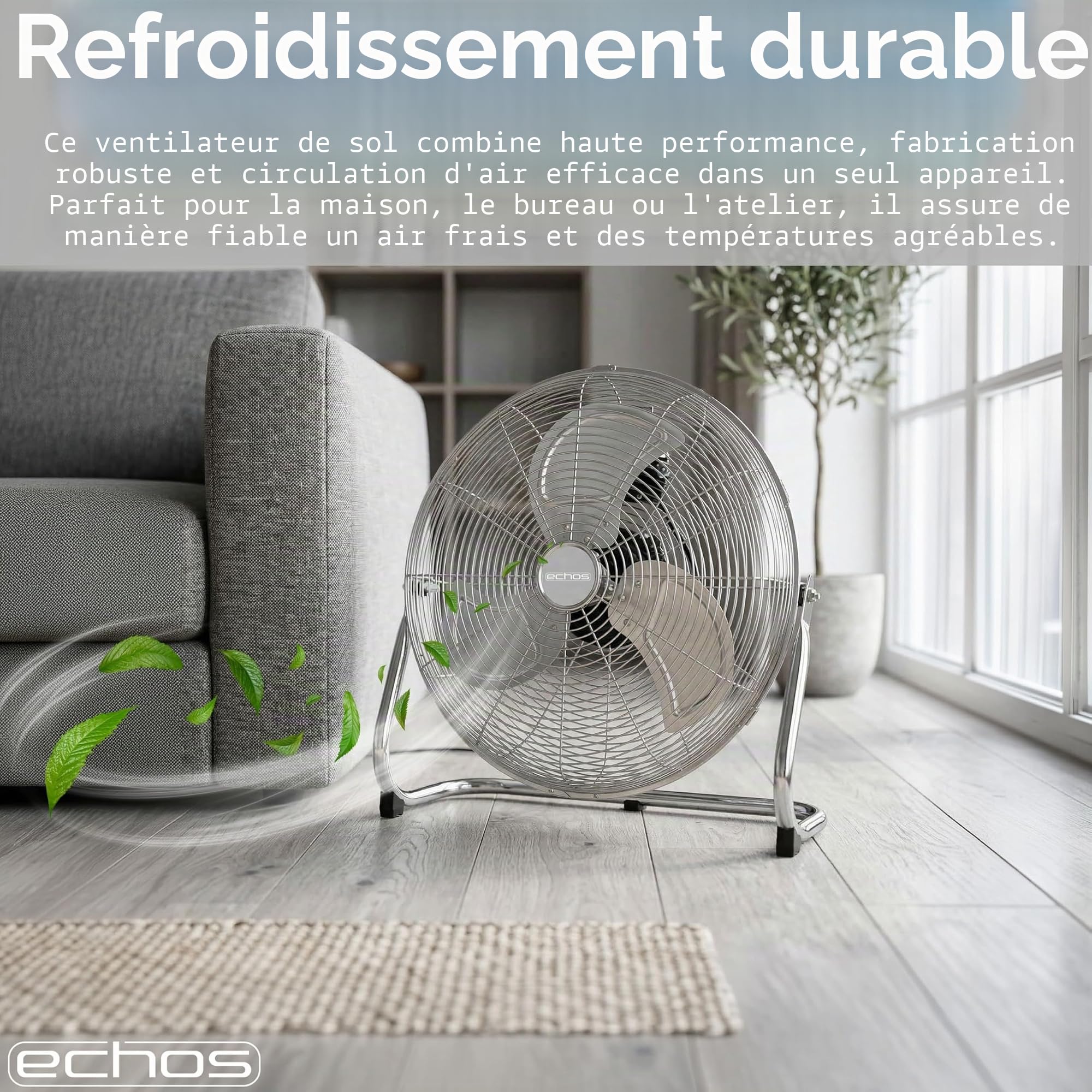 Echos® Ventilateur de sol en métal 46 cm - 100 W - Silencieux - 3 niveaux - Inclinable à 90° - Ventilateur industriel avec flux d'air puissant de 102 m³/min - Pour atelier, bureau et maison