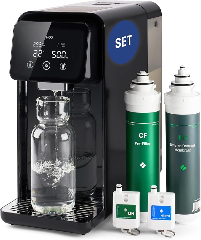 HO3 Home One Countertop Osmosis System for Drinking Water with 4 Temperature Levels (RT, 50, 85, 95°C), 10 Levels Water Output, with Real Time TDS, MicroShield Filter Technology, Water Filter (Black)