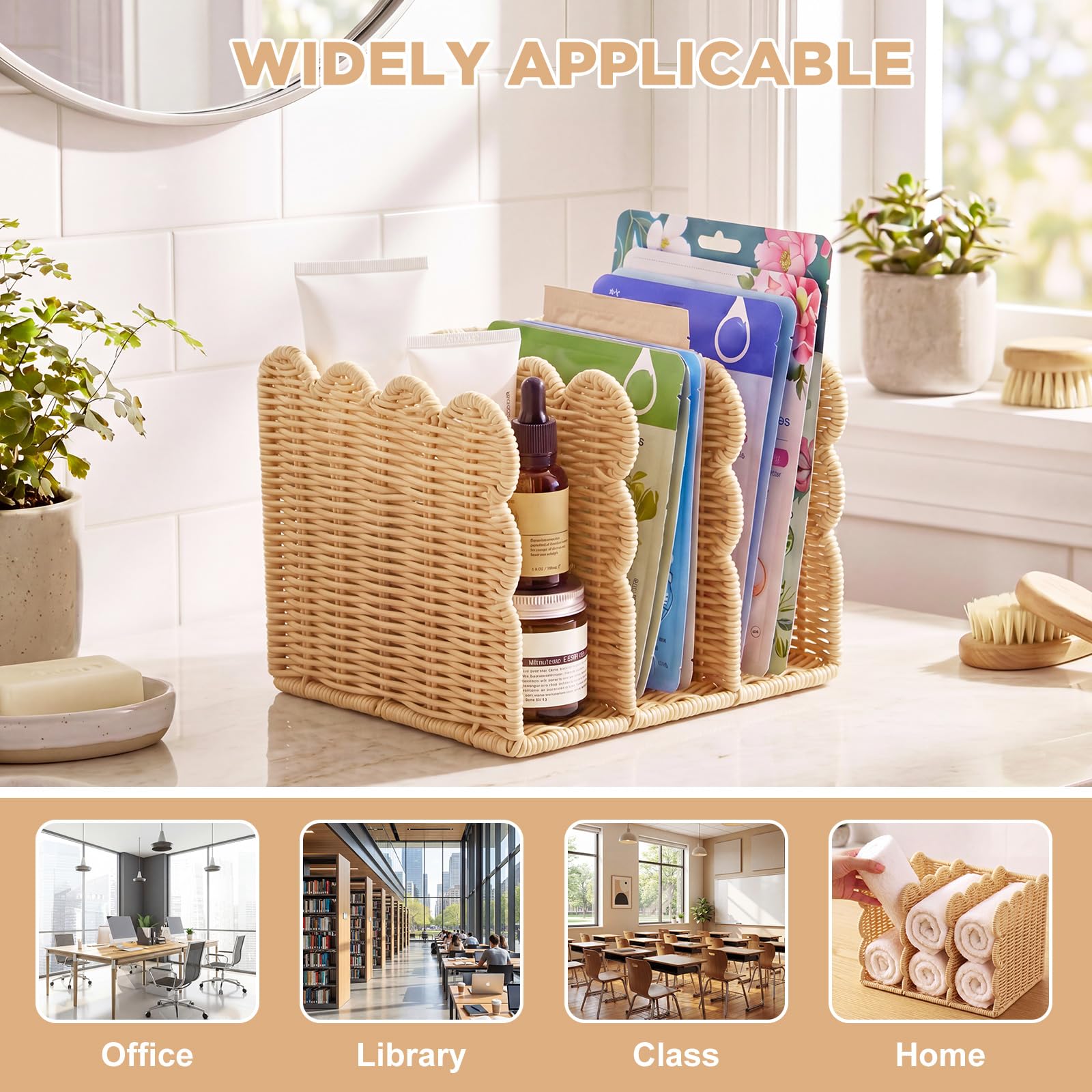 Suzile Zeitschriftensammler mit gewelltem Rattan-Imitat, 3 Fächer, Schreibtisch-Organizer, vertikale Buchstützen-Organisation für Büro, Ordner, Dokumente, Tablets, Zeitschriften, Bücher (21,6 x 18,3 x