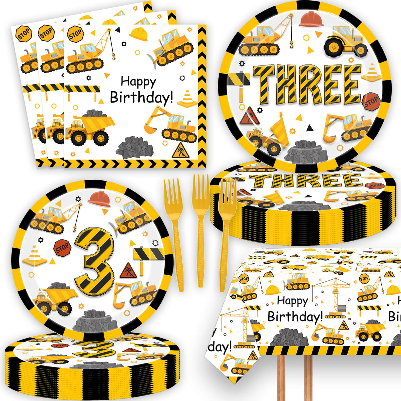 51 Pcs Construction 3rd Birthday Party Supplies Dump Truck Three Years Old Tablecloth Paper Plates Napkins Forks Dinnerware for Construction 3rd