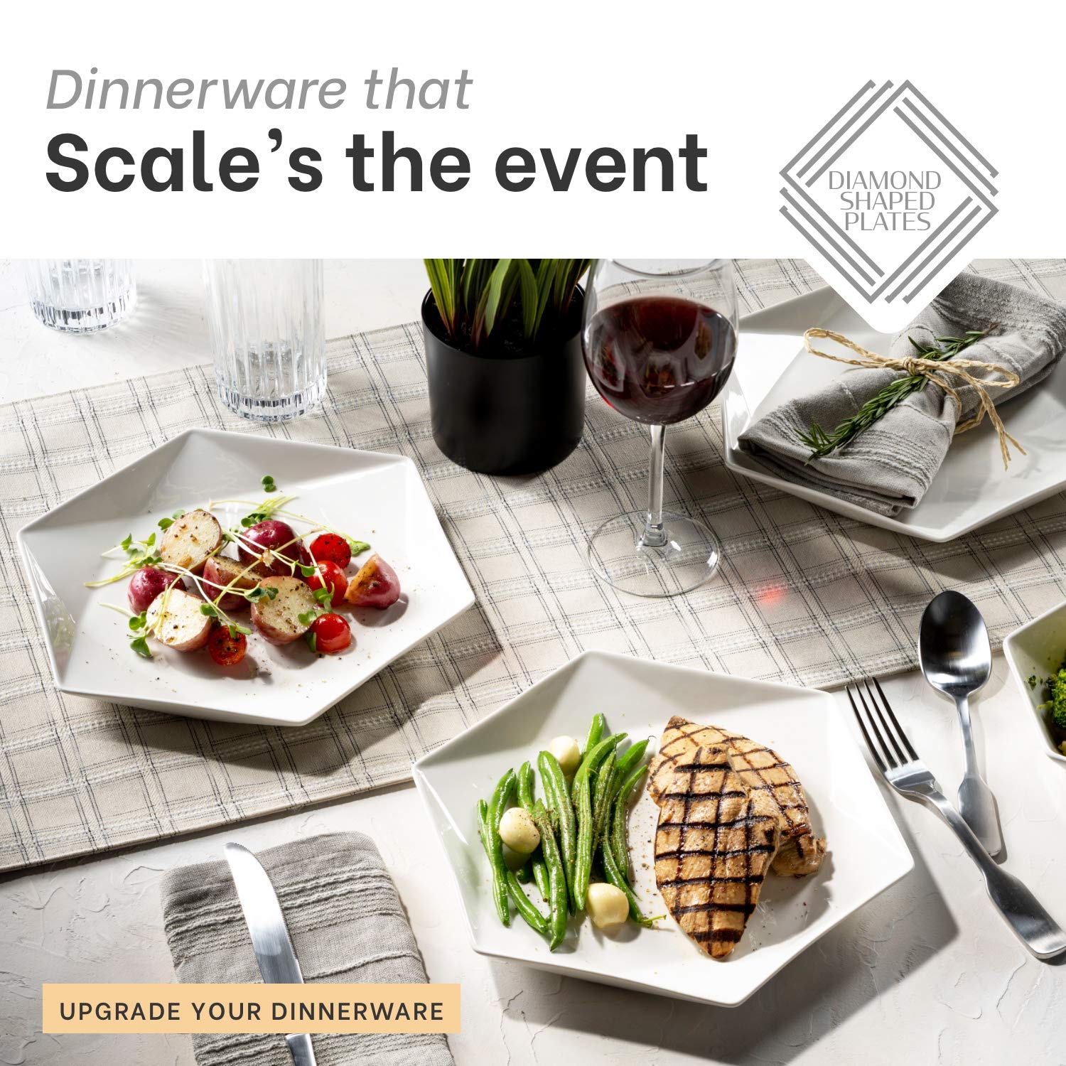 MITBAK 10.5" Bone China Dinner Plates | Set of 6 Elegant Diamond Shaped Natural White Dinnerware Set For Dinner, Holidays, Restaurant, Salad, Dessert | White Dishes Make An Excellent Gift Idea