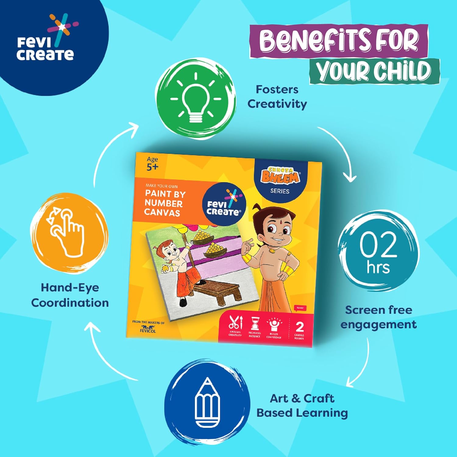 Fevicreate Paint by Numbers Chhota Bheem and Chutki Art kit, Ideal Gift for Kids Age 5+ Years, Includes 2 Pre-Printed Canvas Frames, Rangeela Colours, Instruction Manual