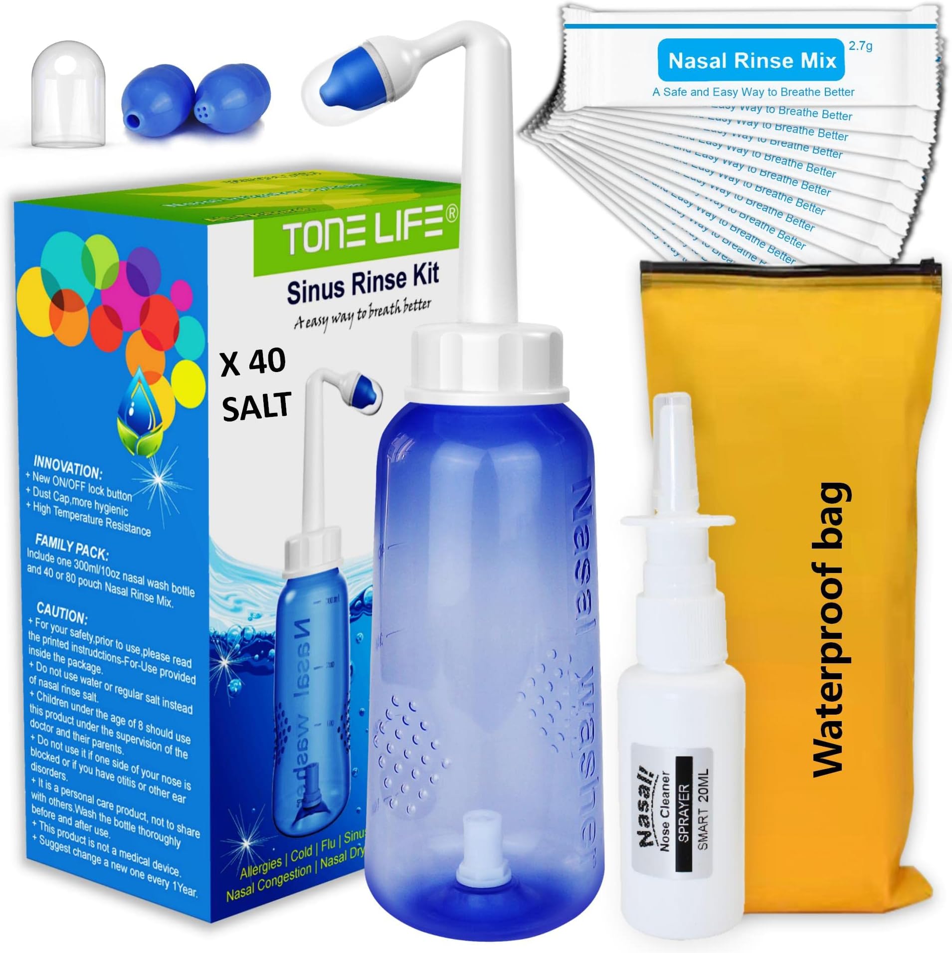 40 Nasal Salt + Neti Pot 300ml + Moisturizing Nasal Sprayer [Daily Nose Care] + Waterproof Travel Bag - Nasal Wash Saline Packet Refills-Nose Cleaner-Sinus Rinse Bottle with Nasal Wash Salt Packets