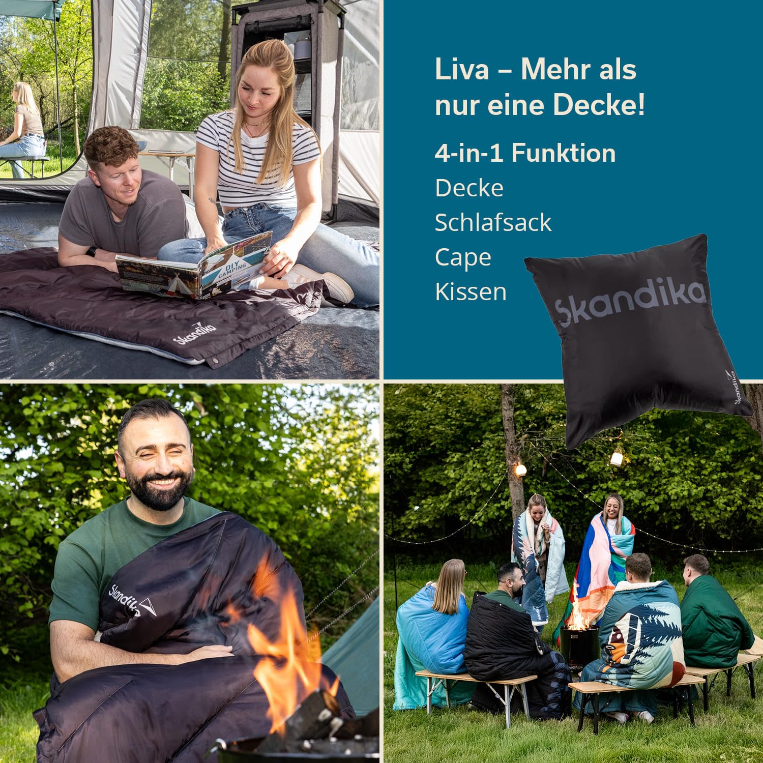 Skandika Koc kempingowy Liva | koc outdoorowy 4 w 1, 200 x 135 cm, narzuta, śpiwór, poduszka, z pluszowym futerkiem lub nylonowym spodem, watowanie z poliestru, wodoszczelny (czarny, nylon)
