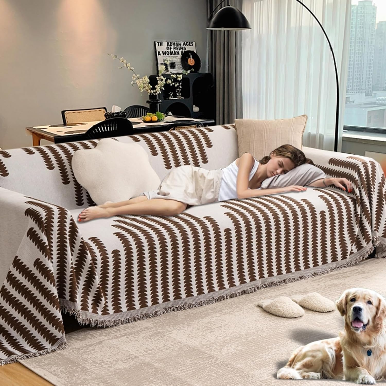 Sofa Covers with Tassel Washable Couch Covers Chenille Anti-Scratch Couch Covers for Sectional Sofa Pet Friendly Couch Protectors for Dogs Anti-Cat Scratch Sofa Cover