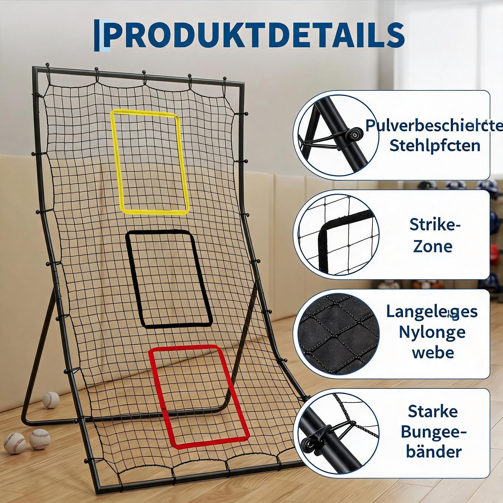 Baseball- Und Softball-Rückprallnetz 183 x 122 cm, Pitching- Und Fielding-Rebounder Mit 3 Zielzonen, Trainingsnetz Für Wurf-, Fang- Und Schlagtraining