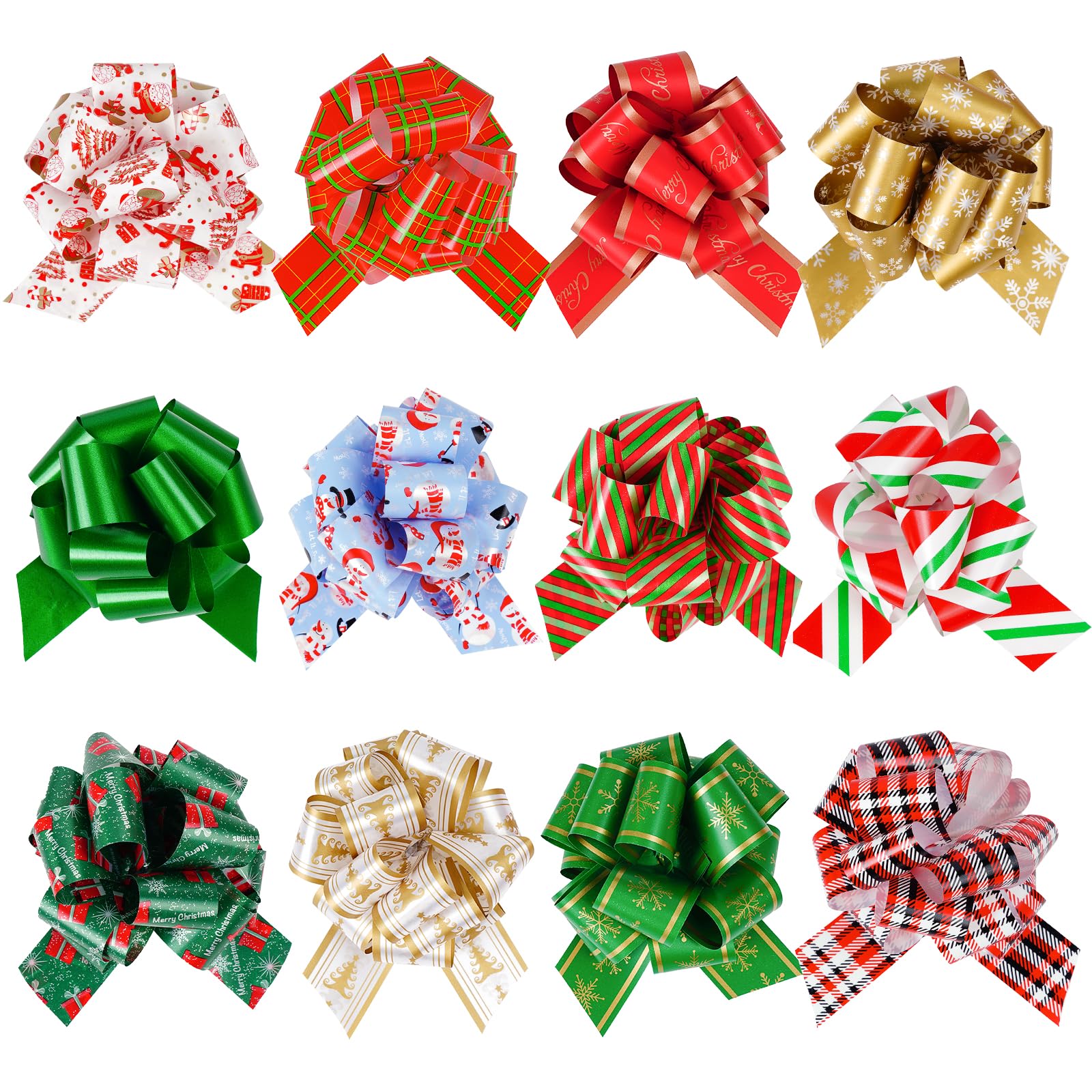 24 Christmas Pull Bows for Gift Wrapping, 5" large gift bows, 12 Designs