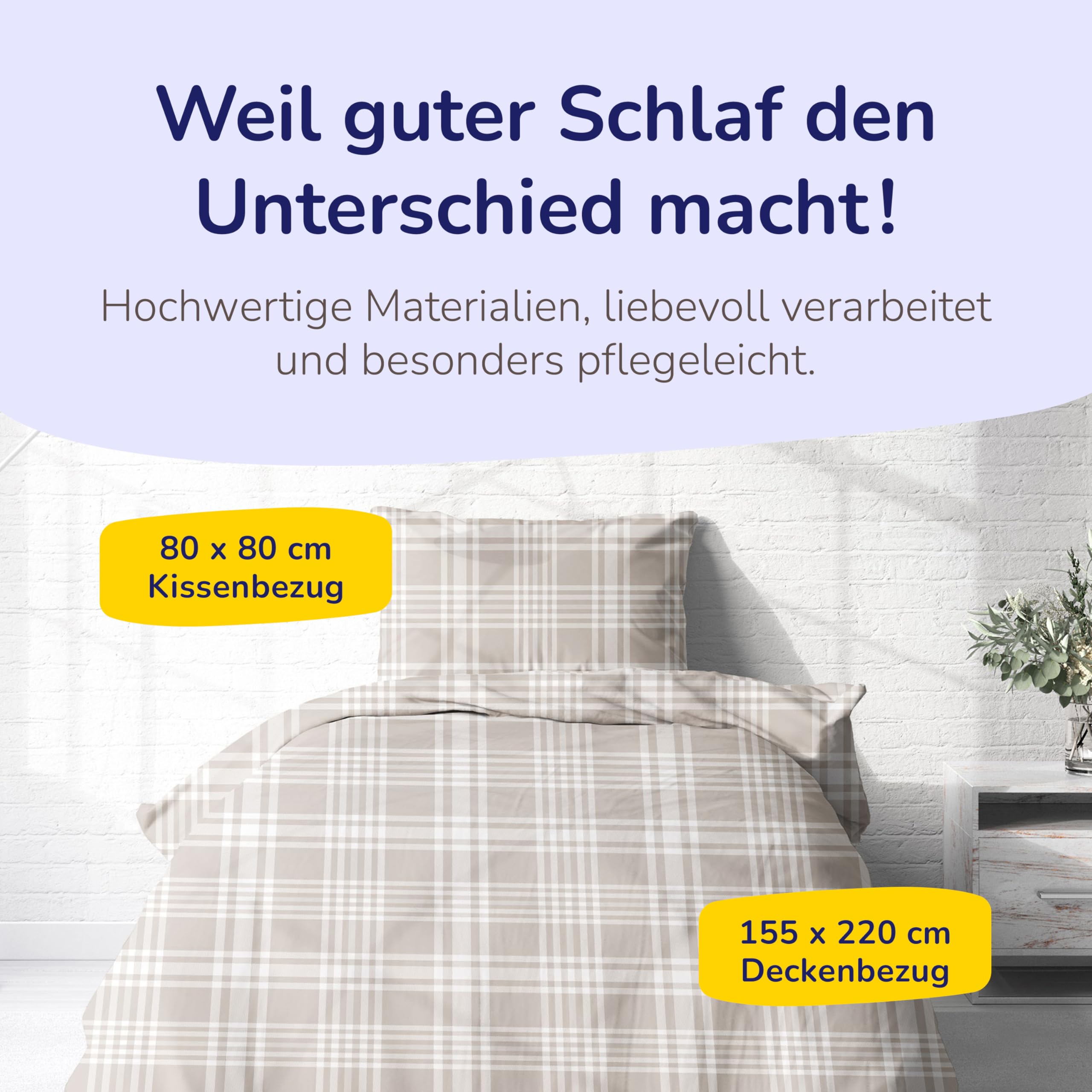 Träumschön Biber Bettwäsche Set 2tlg 155x220 cm + 80x80 cm – Flauschige Bettwäsche Beige – Weiche Winterbettwäsche Kariert - Atmungsaktiv, Warm & Hautfreundlich - 100% Baumwolle