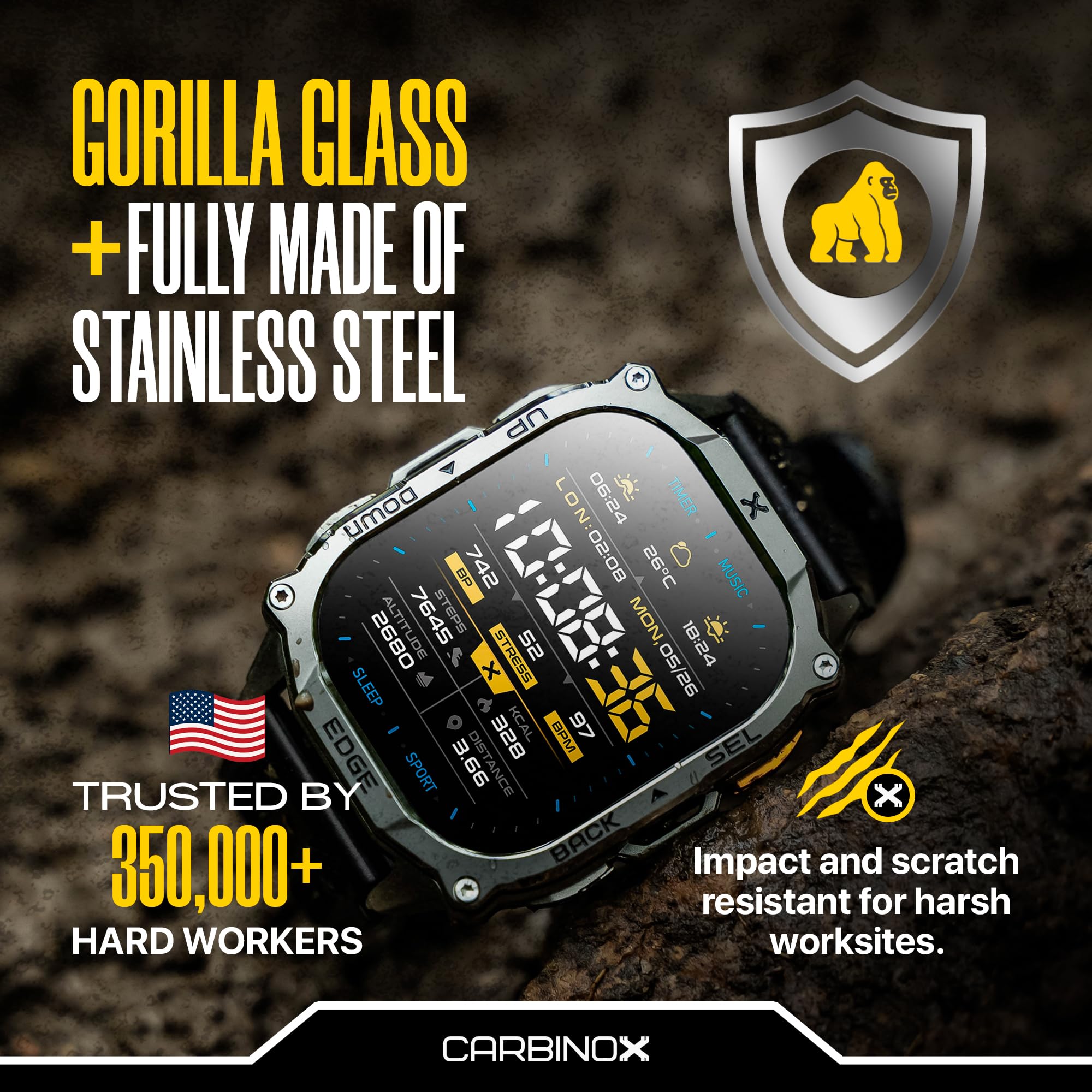CARBINOX Edge Smartwatch, robust, 4,9 cm (1,96 Zoll) AMOLED, Edelstahl, IP69K/5 ATM, Fitness-Tracker, Dual-Band GNSS, 500 mAh, Bluetooth-Anrufe, Smartwatch für Android-Handys, iOS (Silver Ultimate