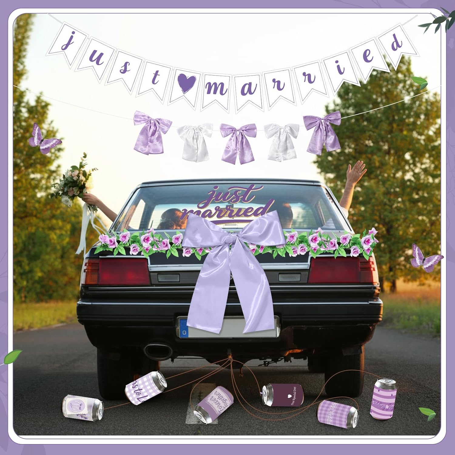 19 Pcs Just Married Car Decoration Wedding Banner Sticker Artificial Flower Car Window Decal Bow Wreath Ribbon for Honeymoon Wedding Reception Ceremony Party Decor Photo Prop(Purple)