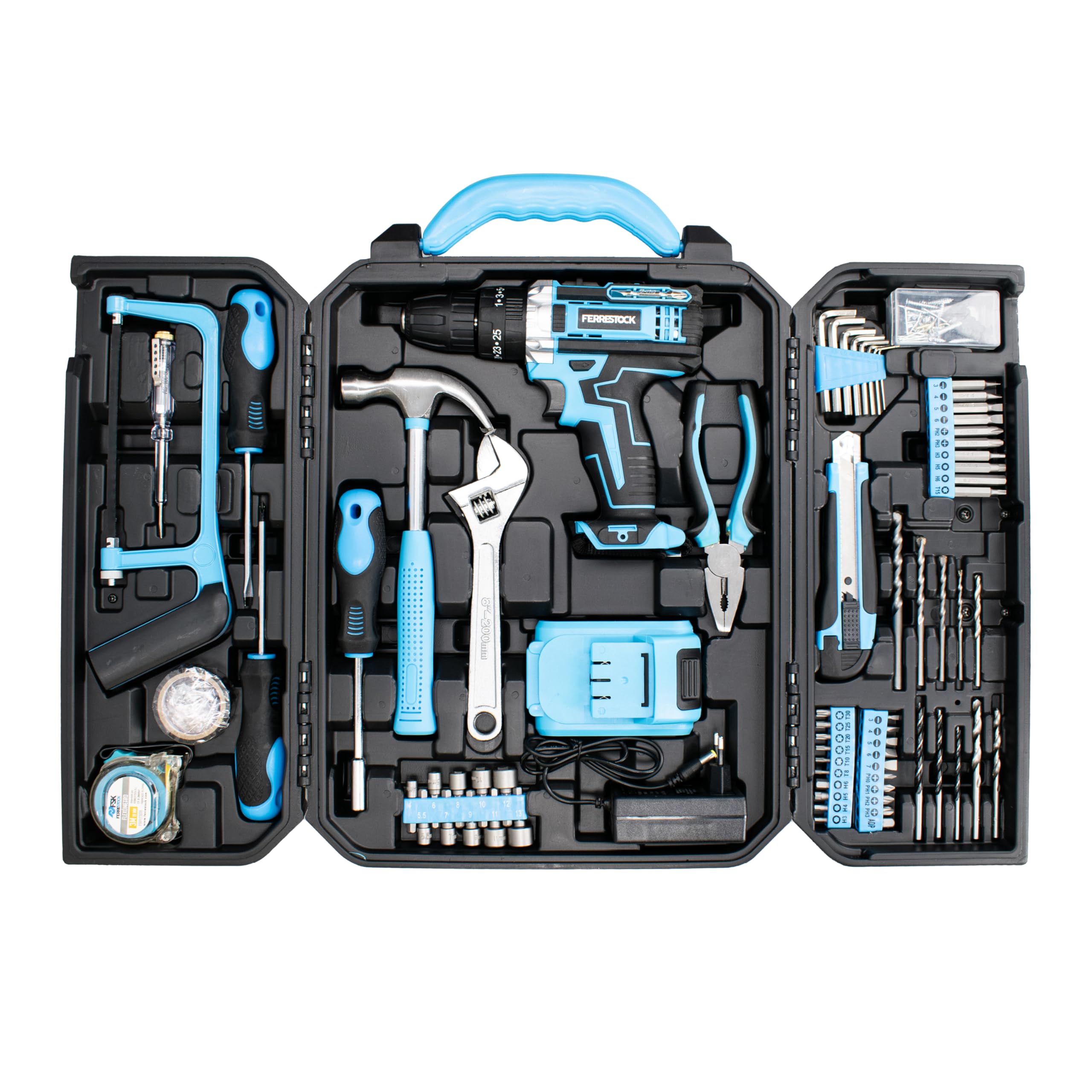 Ferrestock Bricoset FSKTAB101PLUS Taladro percutor 21V a batería con herramientas y accesorios para la mayoria de trabajos del hogar inclye caja de almacenaje