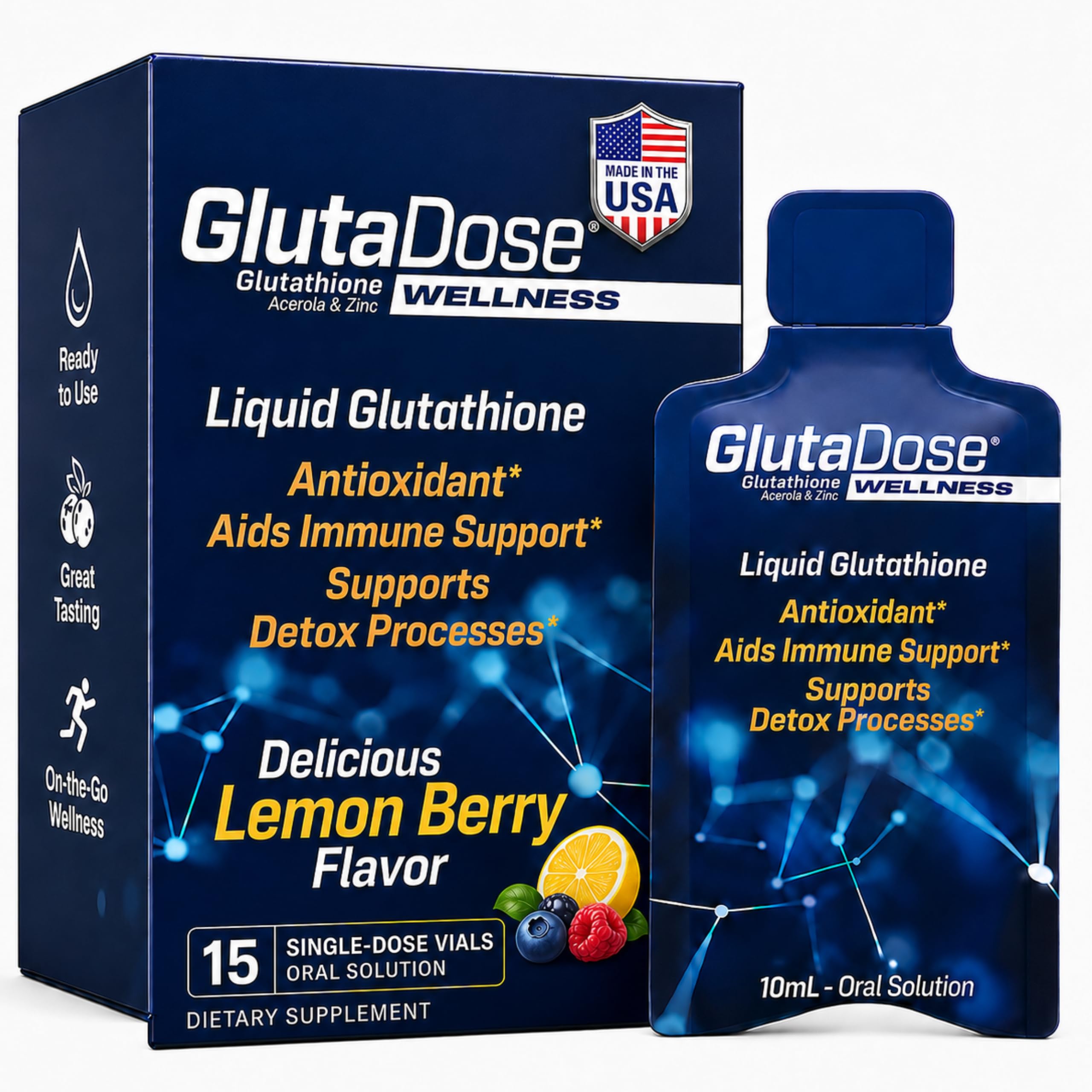 GlutaDose Liquid Glutathione Supplement, L Glutathione Liquid w/Acerola & Zinc, Natural Lemon Berry Flavor, Zero Sugar Antioxidant Formula for Daily Immune Support, 15 Single Serve Vials Berry Lemonade 0.68 Fl Oz (Pack of 15)