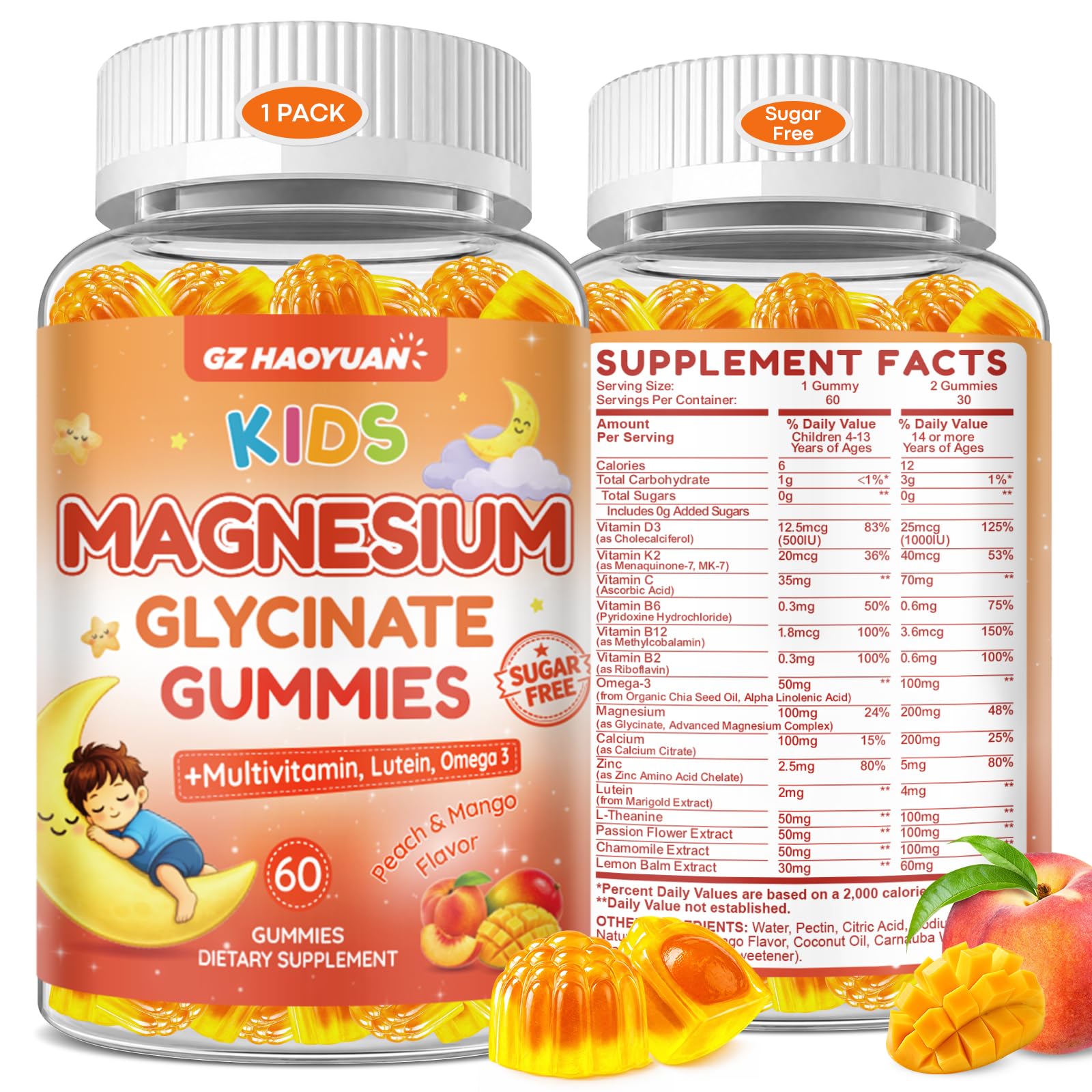 Magnesium Glycinate Gummies for Kids 4+, Sugar Free Peach & Mango, Magnesium Supplement with Multivitamin, Lutein, L-Theanine, Supports Sleep, Stress Relief, Muscle Health, Eye, Calm Mood, 60Cts Peach & Mango 60 Count (Pack of 1)