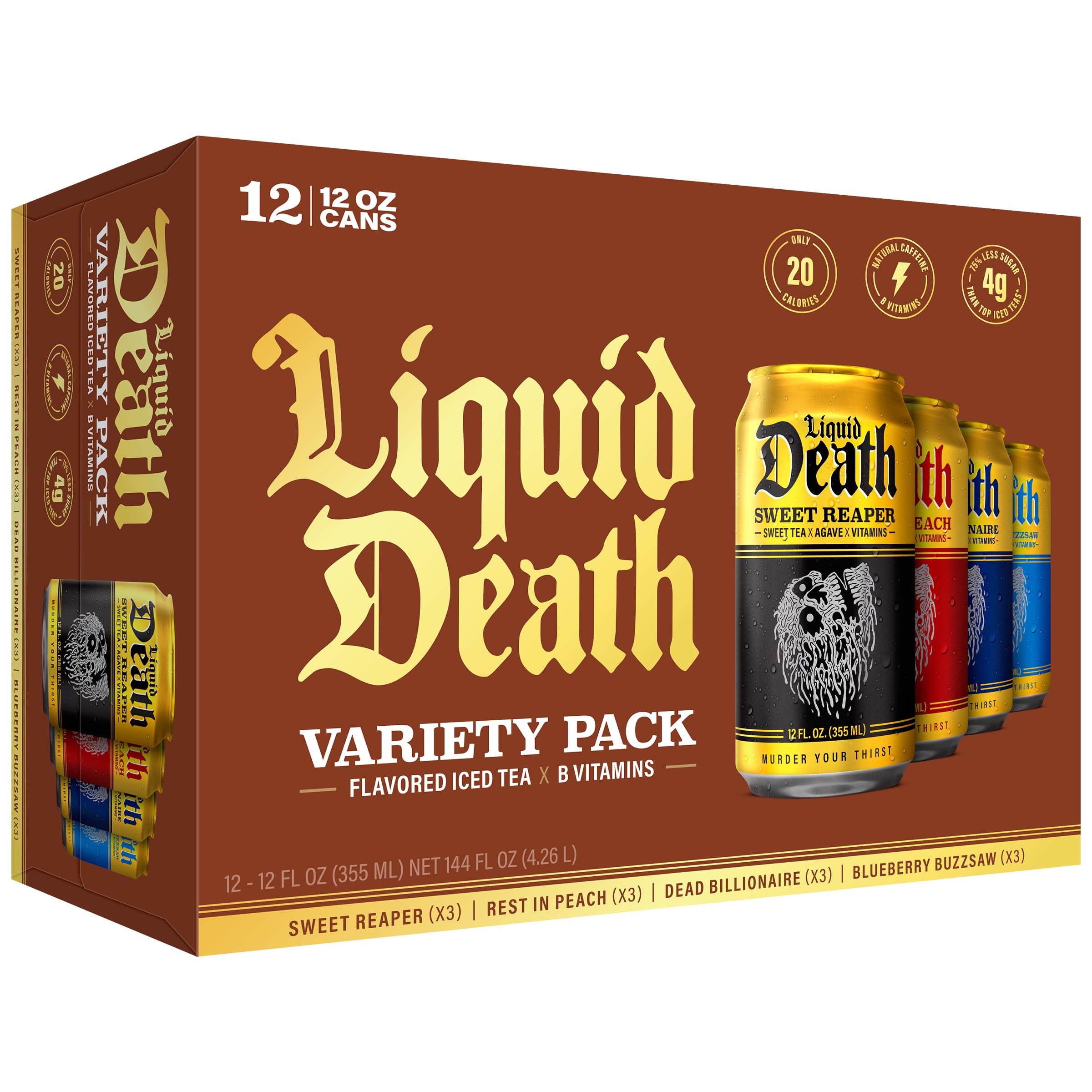 Liquid Death Iced Tea Variety Pack, 12-Pack (12 oz Cans), Low Calorie, Low Caffeine, No Artificial Sweeteners, B12 & B6 Vitamins, 4 Flavors: Dead Billionaire, Rest in Peach, Sweet Reaper, Blueberry Buzzsaw