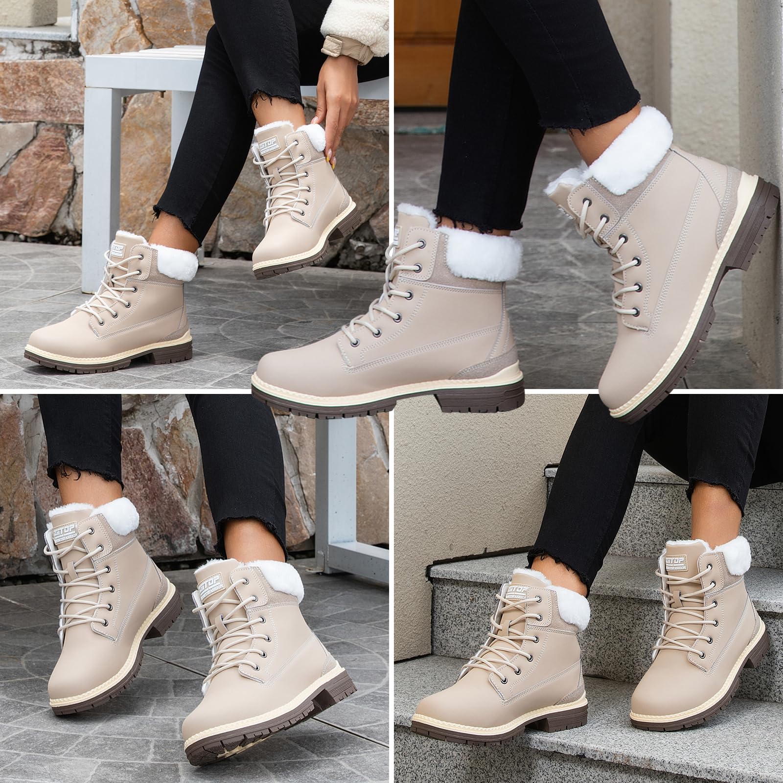 Botas de invierno para mujer, botas de nieve impermeables, con forro de piel, botas de senderismo cálidas para mujer, botas de senderismo con cordones, antideslizantes, ligeras, botas de