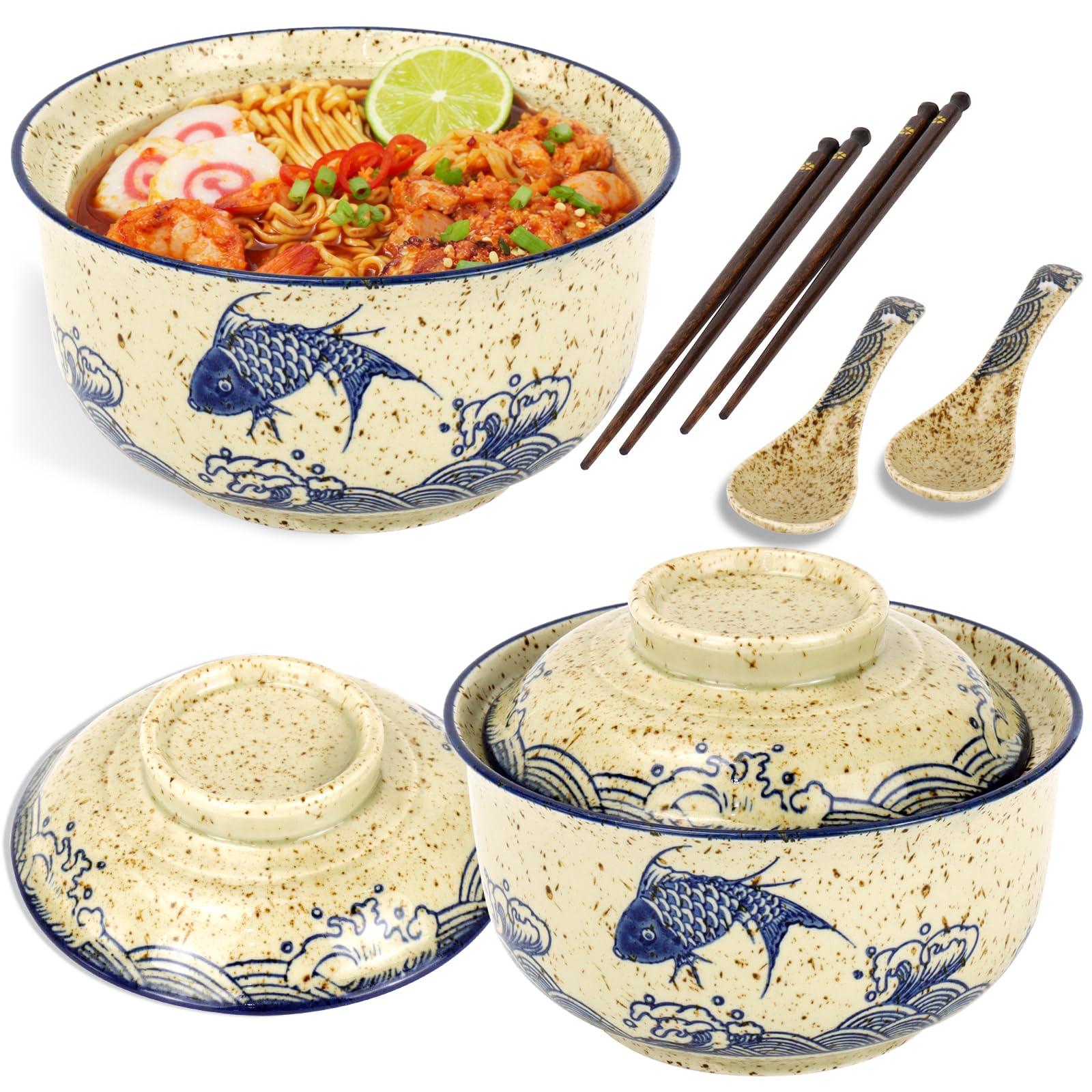 OGMBI 2 Set Ceramic Ramen Bowl, 800ml Ramen Noodle Bowl with Lid, Japanese Style Retro Bowls with Spoon and Chopsticks, Asian Soup Bowls for Microwave & Dishwasher Safe, Fish