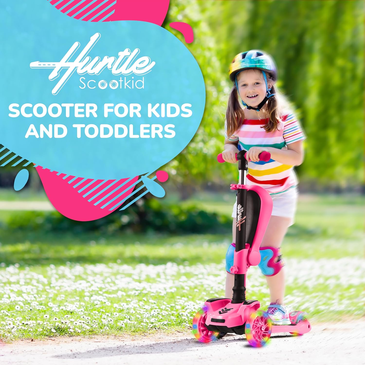 Hurtle 3-Wheeled Scooter for Kids - Wheel LED Lights, Adjustable Lean-to-Steer Handlebar, and Foldable Seat - Sit or Stand Ride with Brake for Boys and Girls Ages 1-14 Years Old