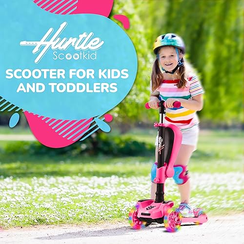 Vista 70 de Hurtle Patinete de 3 ruedas para niños, luces LED de ruedas, manubrio ajustable de inclinación para dirigir y asiento plegable, paseo sentado