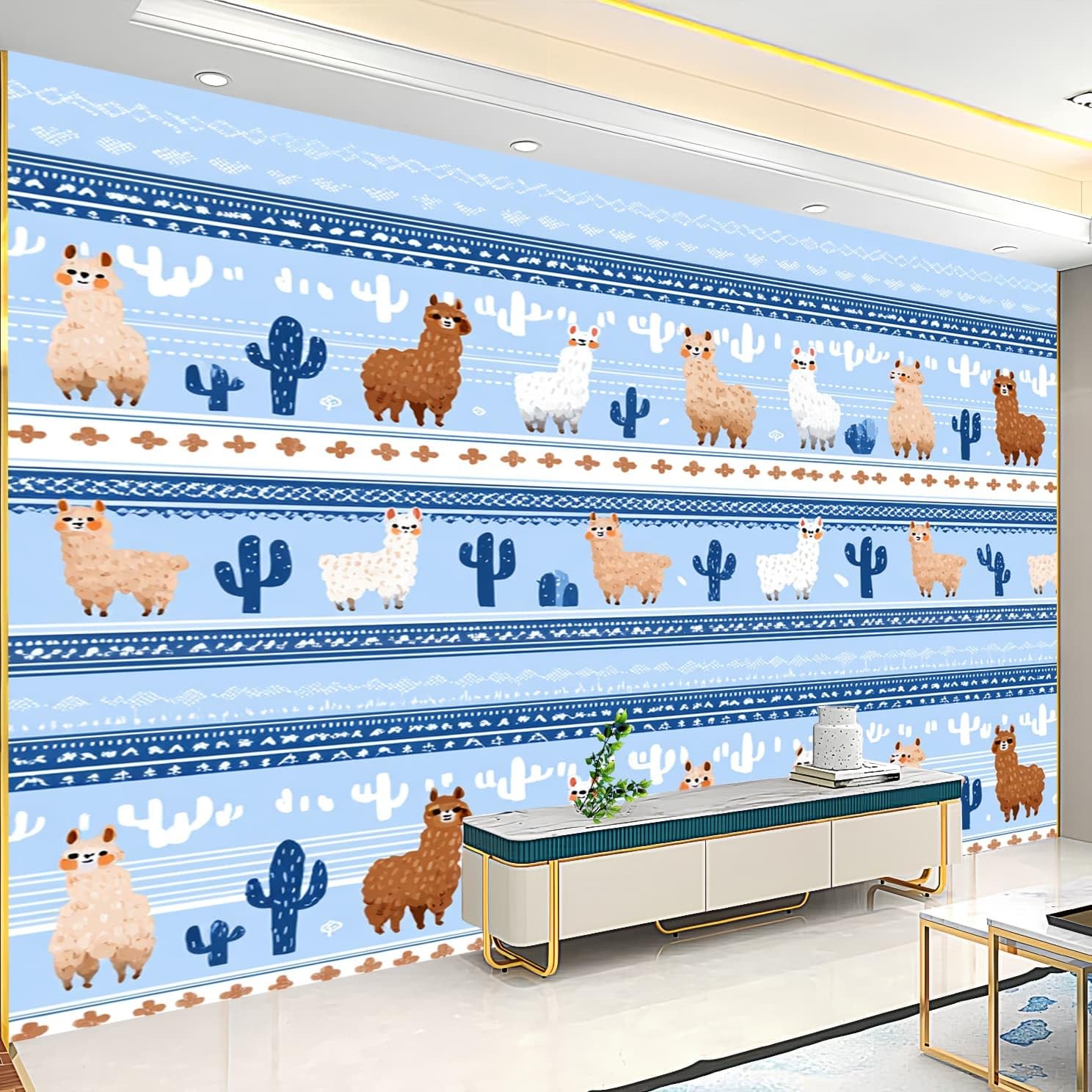 Panoramiczna tapeta kreskówka alpaka kaktus - fototapety - duże niebieskie malowidła ścienne plakat do salonu, pokoju dziecięcego dla dorosłych, dekoracja gabinetu 350 x 256 cm