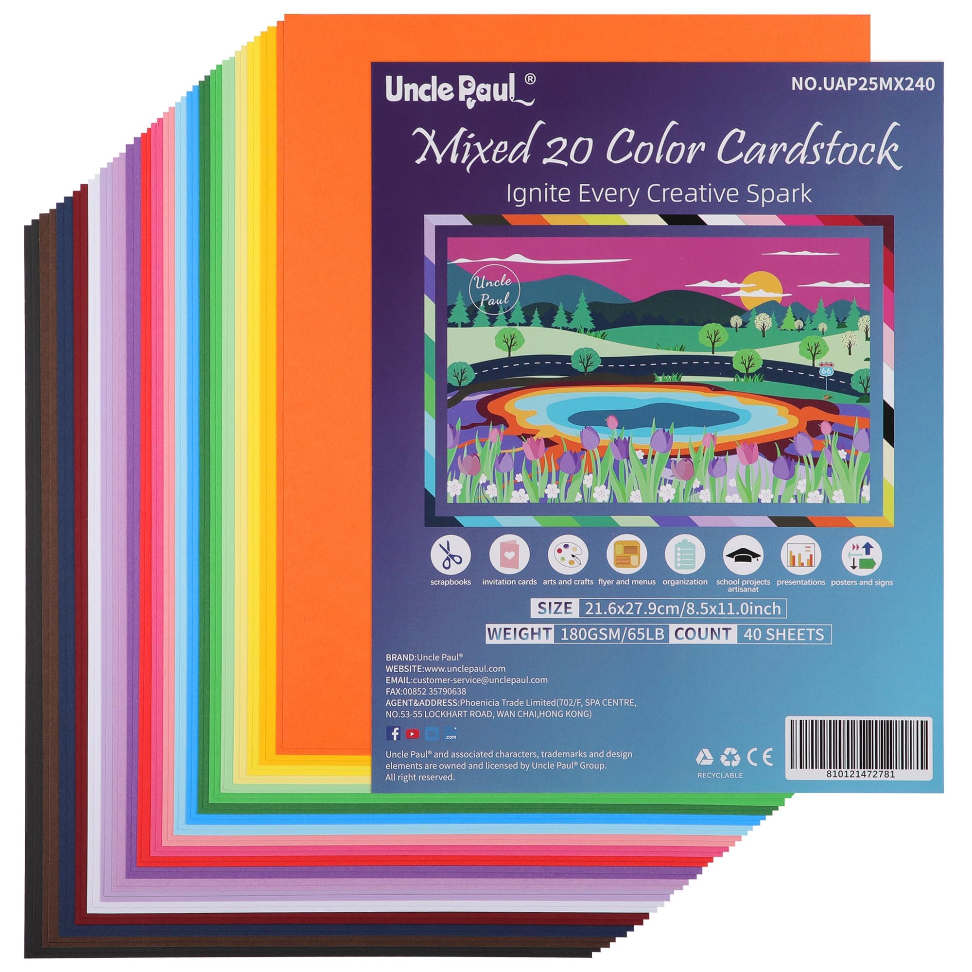 Uncle Paul 40 Sheets Mixed 20 Colors Cardstock - 8.5'' x 11'' Double-sided Cover Card Stock 65lb Printer Paper Perfect for Scrapbooking, Crafts,