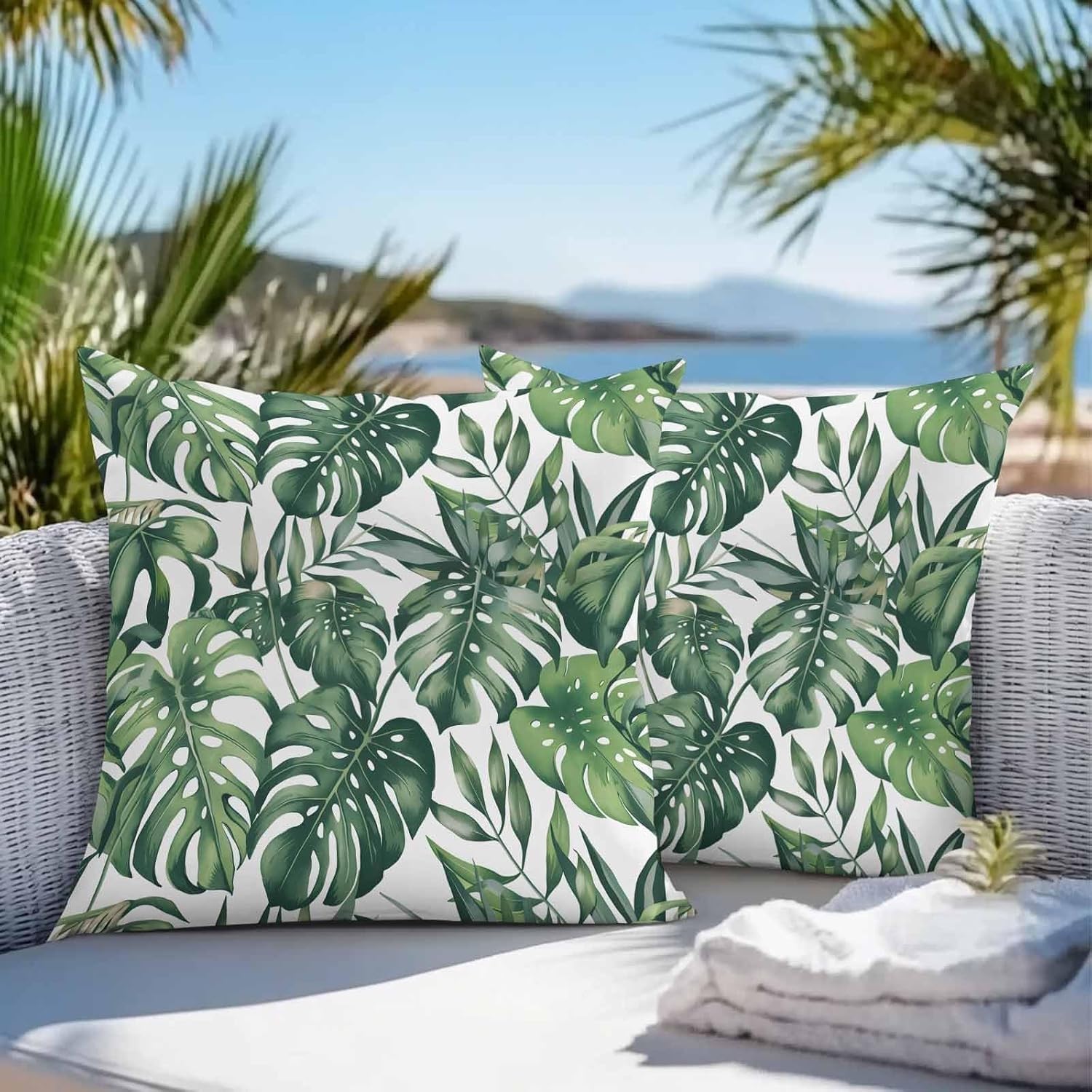 Fundas de almohada, diseño de hoja de palma verde acuarela, estilo tropical moderno, fundas de cojín decorativas de lino para sofá del hogar