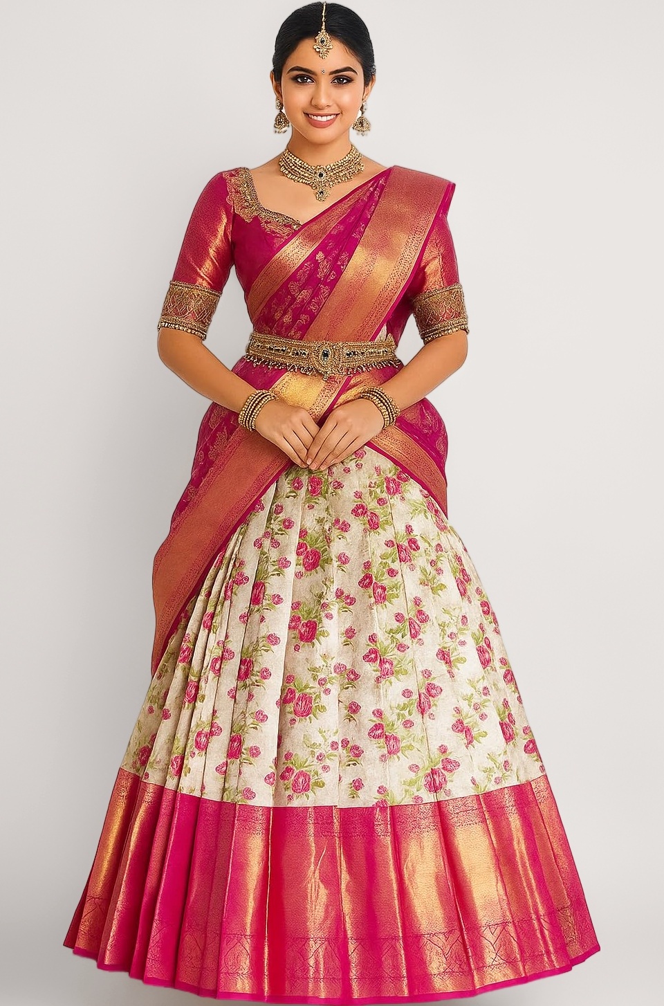 Women's Indian Traditional Unstitched Kanjivaram Silk Pure Weaving Lehenga Choli Along With Dupatta Attach With Unstitch Blouse Piece, Half Saree (HALF SAREE HT041 OW PINK FLOWER)