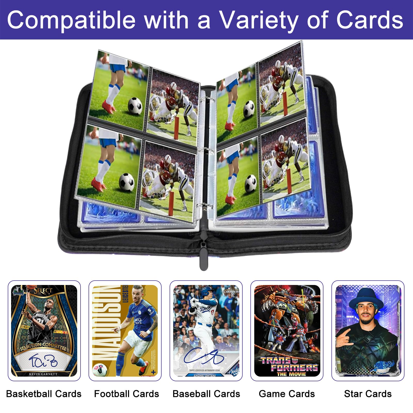 Realjoy Football Card Holder 4 Pocket, 400 Pockets Football Trading Card Binder, Collection Folder with Removable Sleeves for Sports Cards,Game Cards,TCG(Waterproof PU) - Image 4