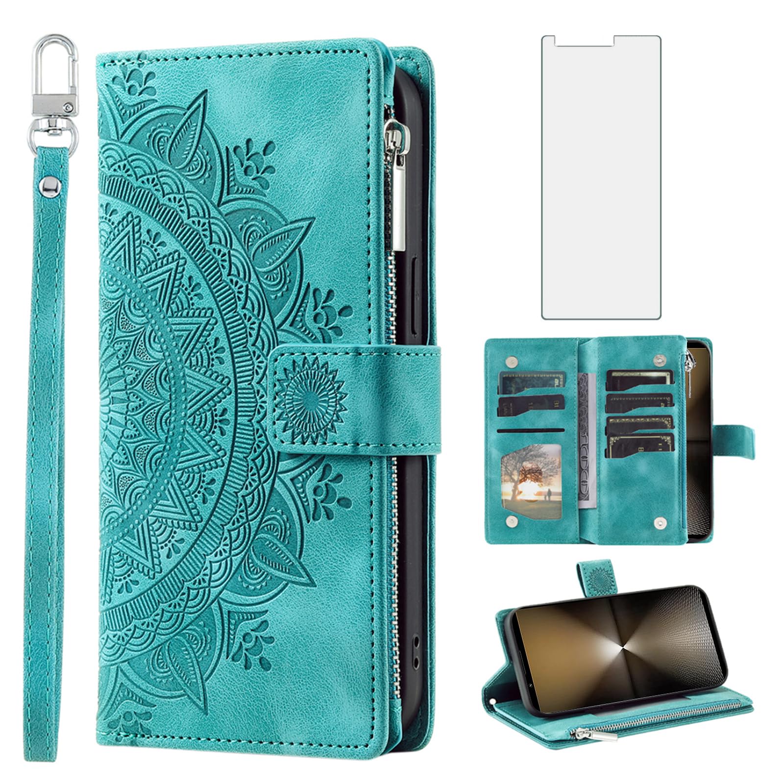 Phone Case for Sony Xperia 1 VI Wallet Cover With Tempered Glass Screen Protector Wrist Strap Mandala Flower Leather Flip Zipper Credit Card Holder Slot Stand Cell 1VI 5G XQ-EC72 Women Men Green