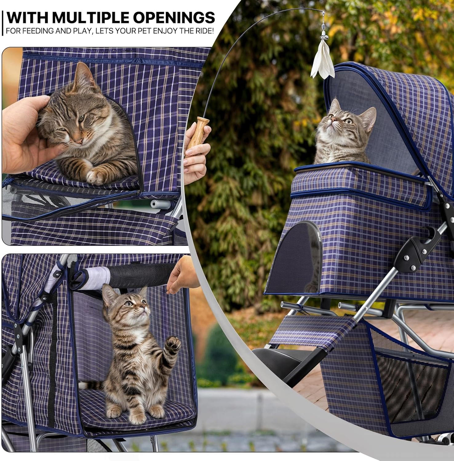 Plaid Foldable Dog Stroller with Storage and Cup Holder