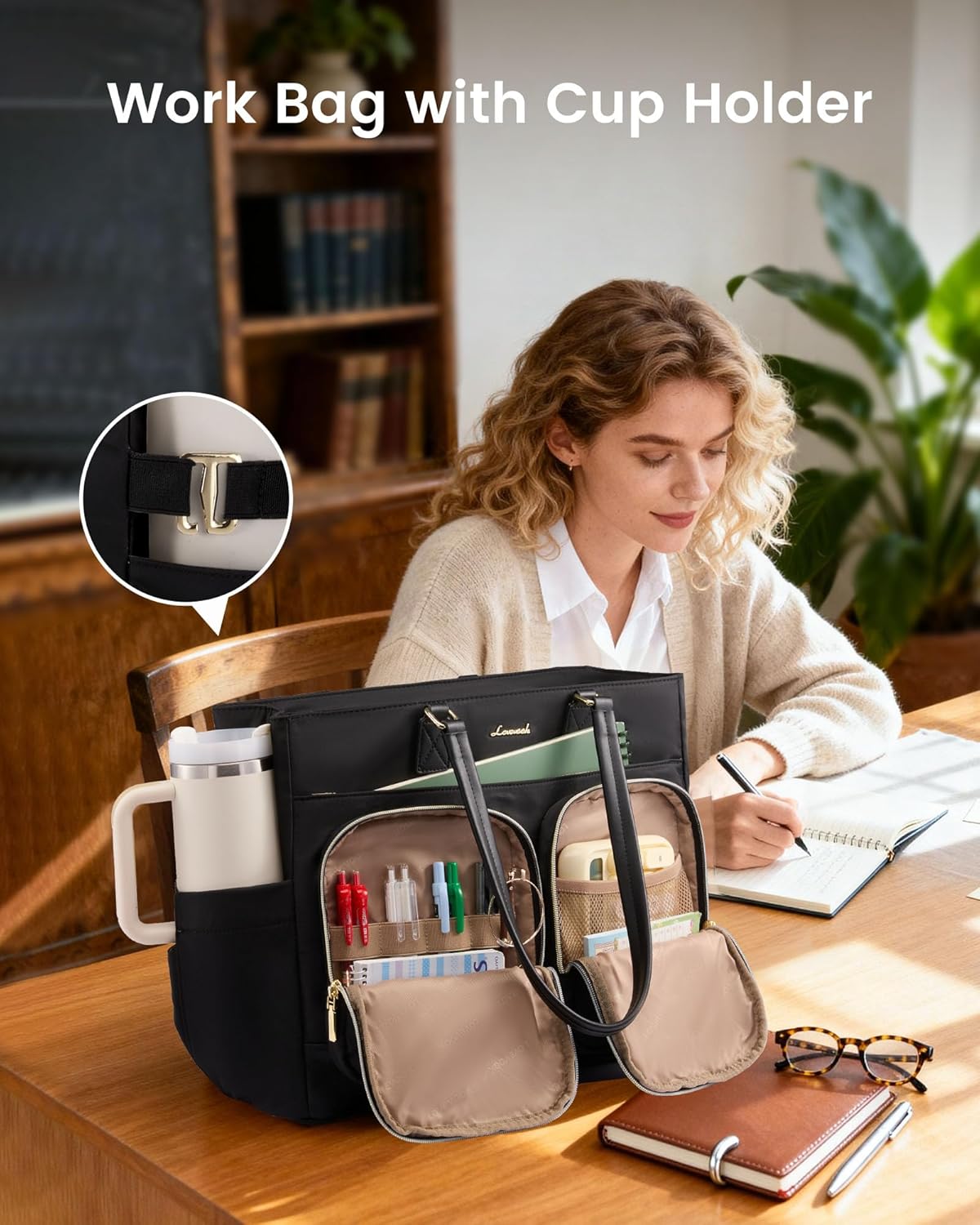 lovevook lunch tote bag for women, 15.6 inch laptop tote with insulated lunch compartment, large capacity work bag with cup holder for teacher, business, daily, outdoors, black black 15.6" laptop & lunch compartment