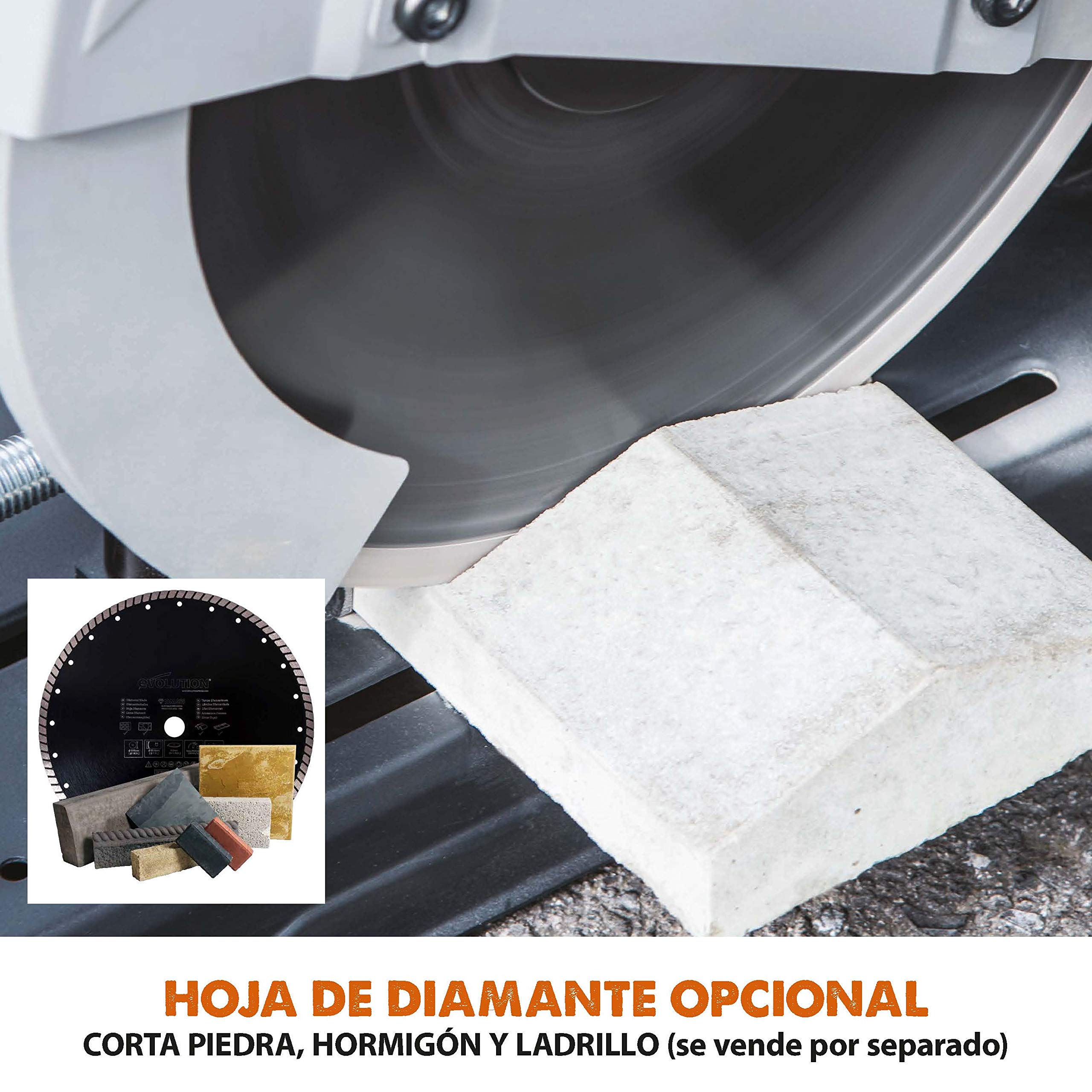 Evolution Power Tools - R355CPS Sierra tronzadora multimaterial, Corta acero dulce, aluminio, plástico, incluso madera con clavos incrustados, 355 mm