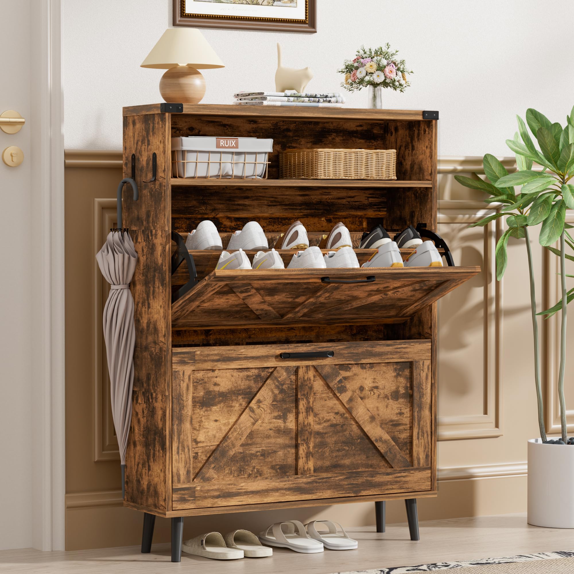 BonVache Brown Shoe Storage Cabinet with 2 Flip Drawers and 1 Shelf, Freestanding Narrow Shoe Organizer for Hallway Entryway，Shoe Cabinet Unit with Adjustable Shelves