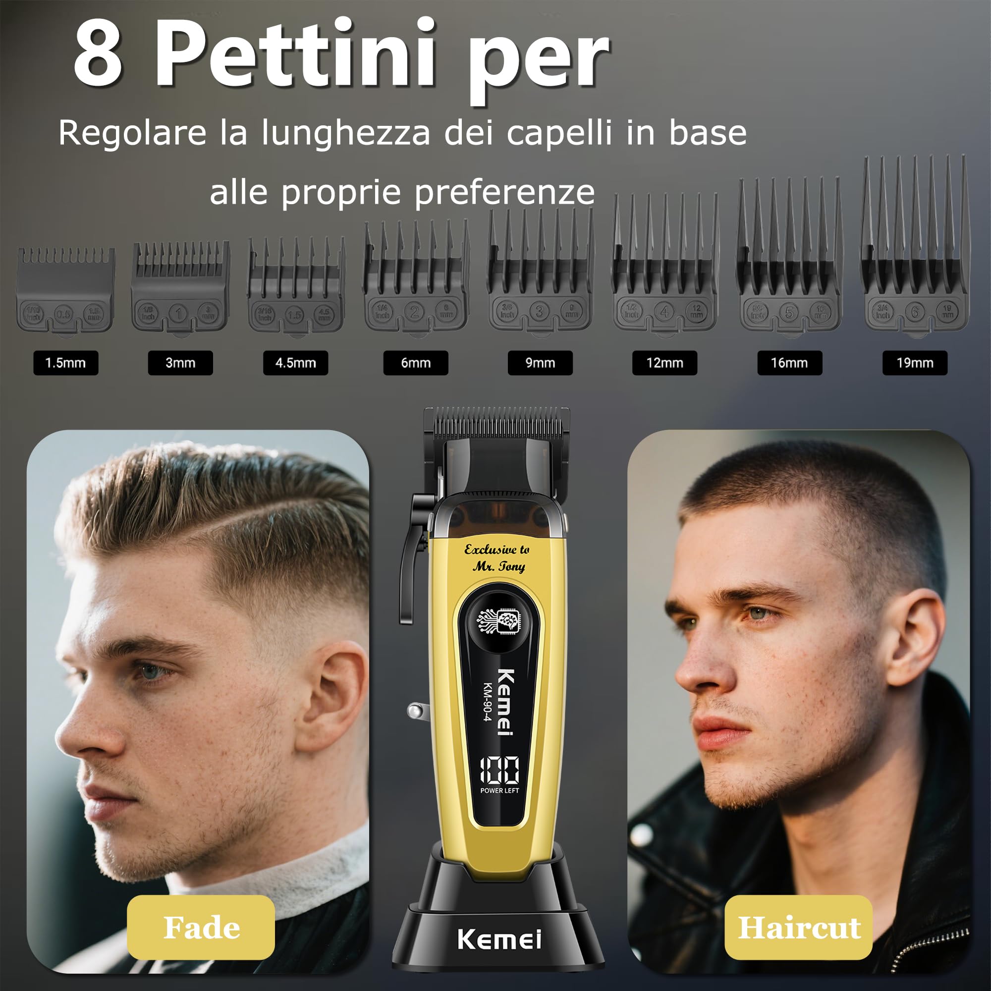 KEMEI 90-4 - Tagliacapelli professionale da uomo, 11500 giri/min, con display LED, tagliacapelli senza fili con lama DLC e base di ricarica, tagliacapelli da 2000 mAh per barbieri