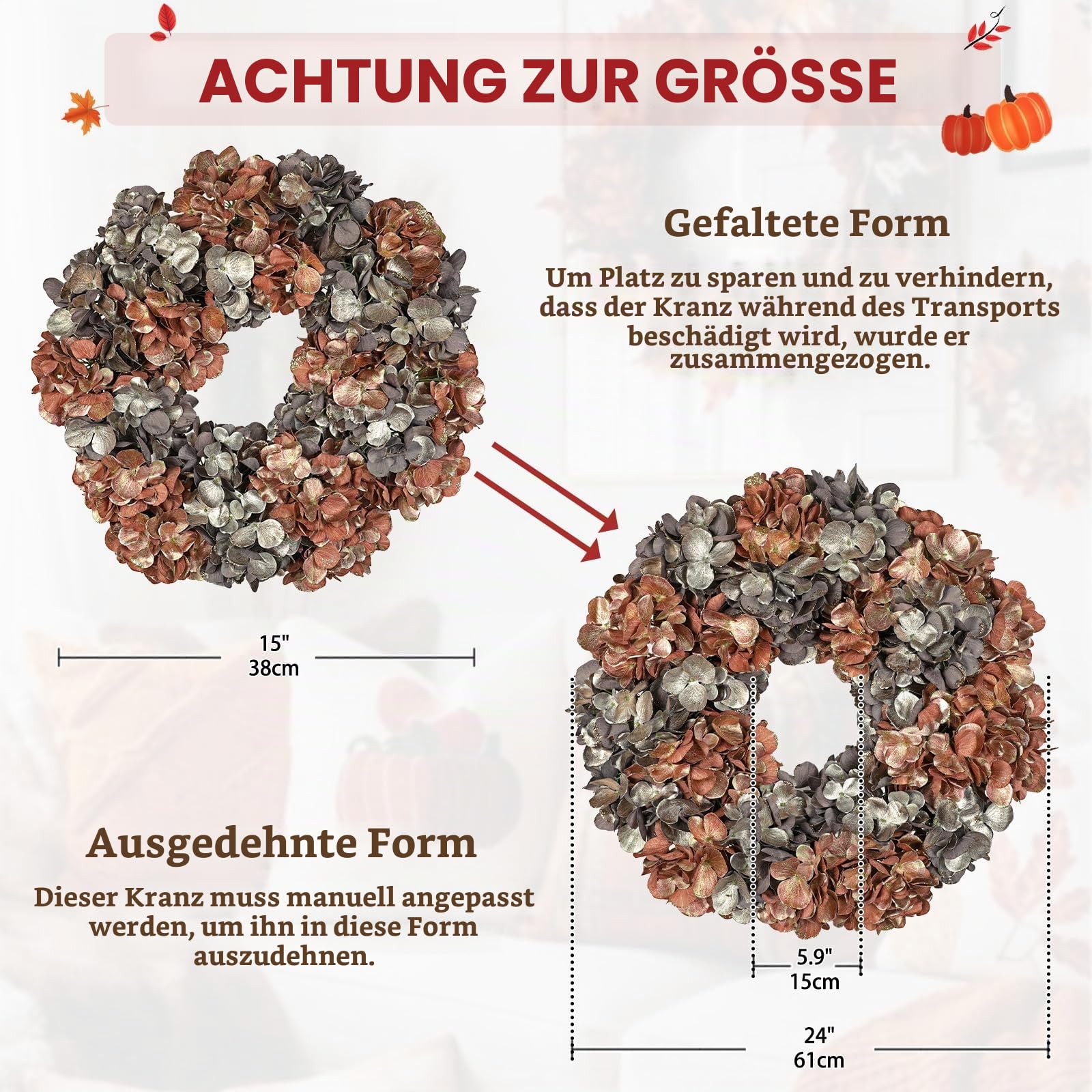 60cm Künstlich Hortensien Weihnachtskranz Deko Türkranz Kunstkranz Künstlich Türkranz für Weihnachten Künstlicher Adventskranz für Haustür, Hauswandbehang oder Weihnachtsdekoration, Winterschmuck
