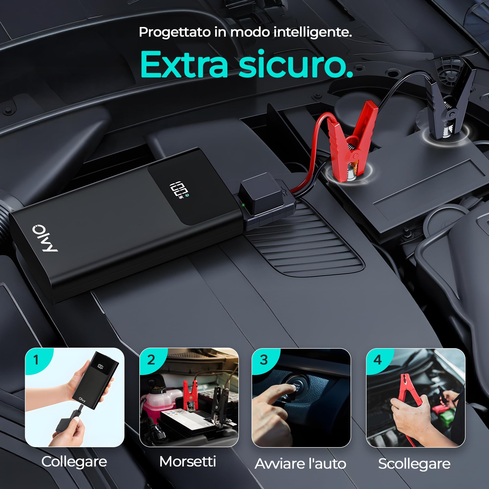Olvy Rozrusznik 2 w 1 i power bank – szczyt 1500 A, przenośny wzmacniacz akumulatora samochodowego 12 V z inteligentnymi zaciskami, latarka LED, wyjście USB/typu C, do samochodów, ciężarówek