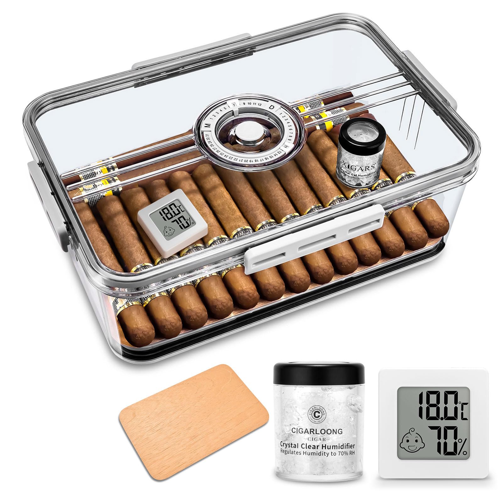 Cigar Humidor Clear Acrylic Humidor Spanish Cedar Plank Cigar Case Box Plastic Portable Airtight Container Holds 20-30 Cigars With Hygrometer And Humidifier(Small