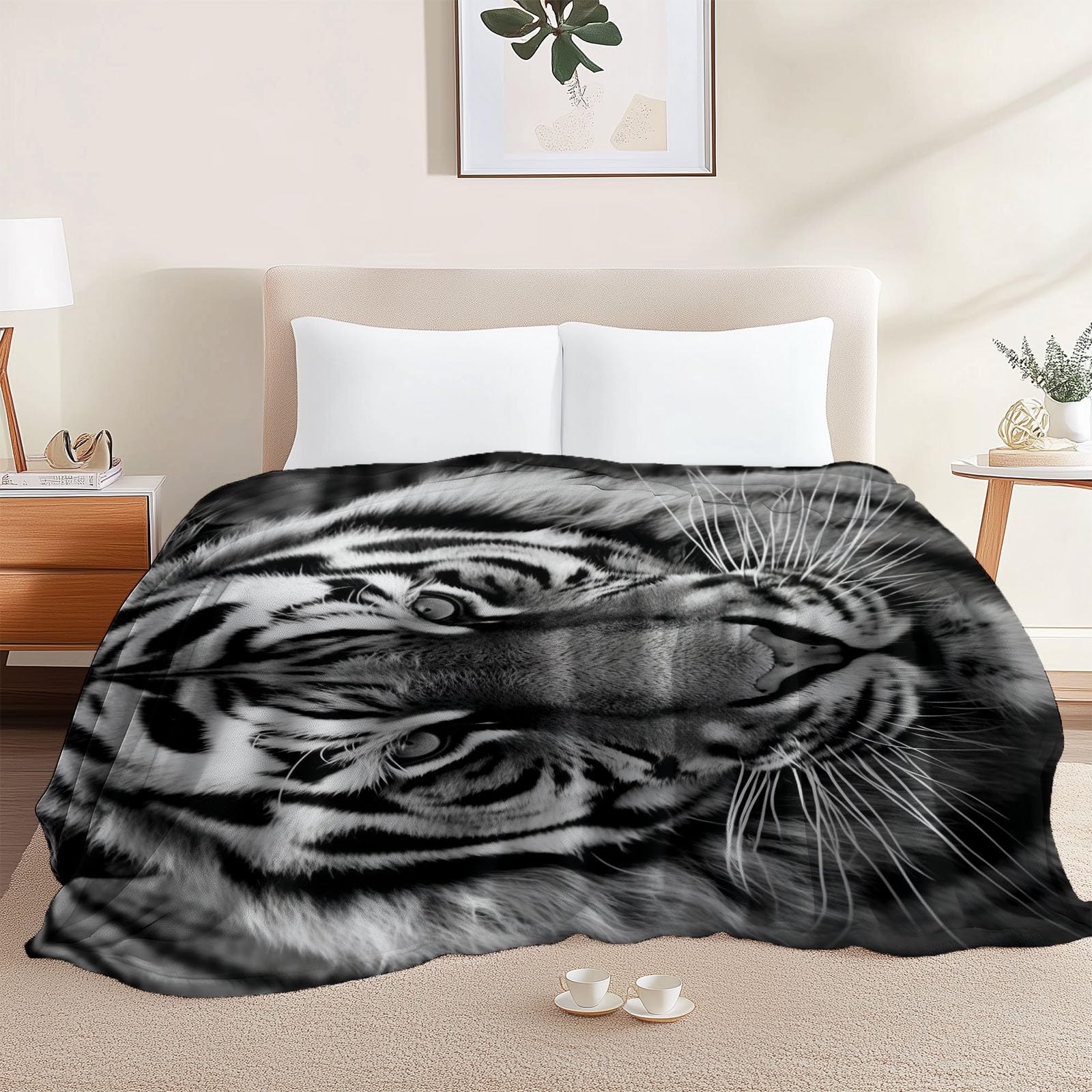 Koc polarowy 200 x 220 cm tygrys zwierzę, czarny flanelowy koc polarowy dla 2 osób, z nadrukiem, miękki i ciepły na sofę