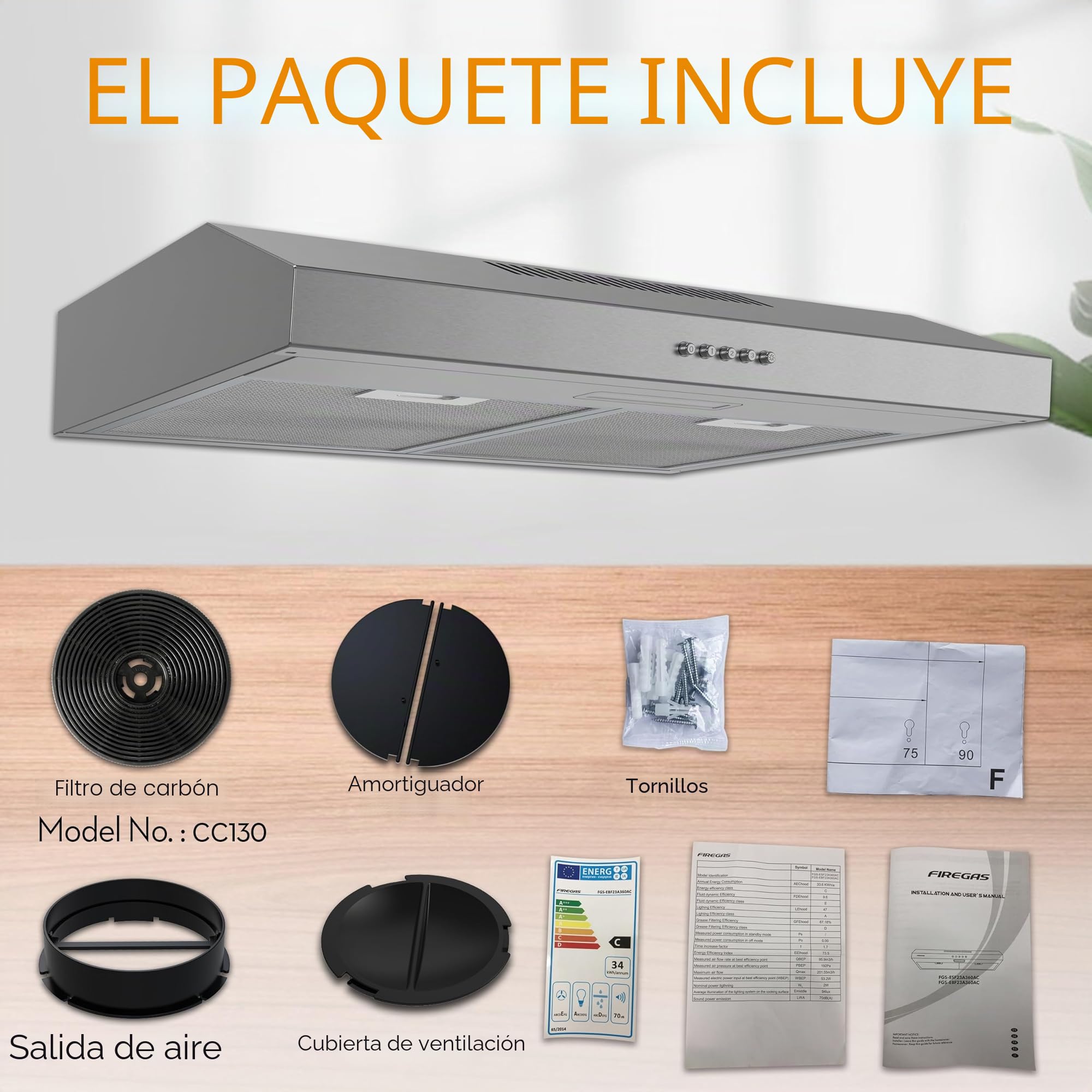 FIREGAS Campana extractora inferior de 60 cm, 3 niveles, campana de escape/recirculación, iluminación LED, incluye filtro de carbón activado, plata