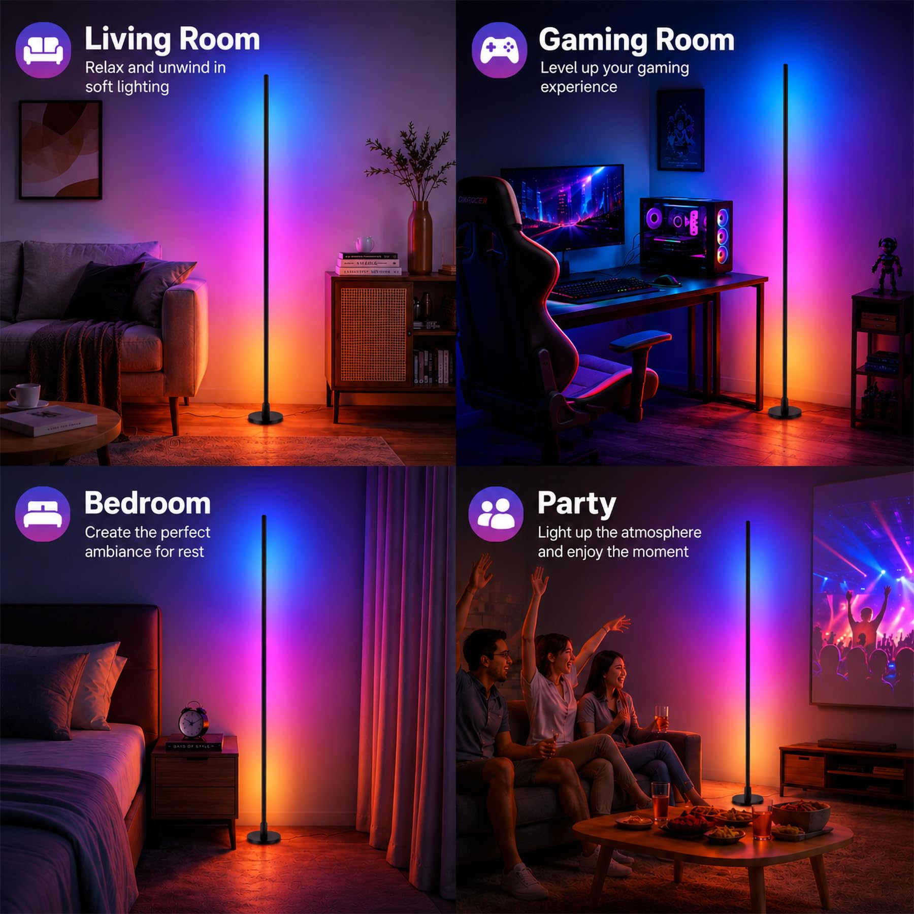 Lampada da terra a LED, lampada angolare a LED da 120 cm con app e telecomando, sincronizzazione musicale, lampada smart da 16 milioni di colori per soggiorno, camera da letto e gaming