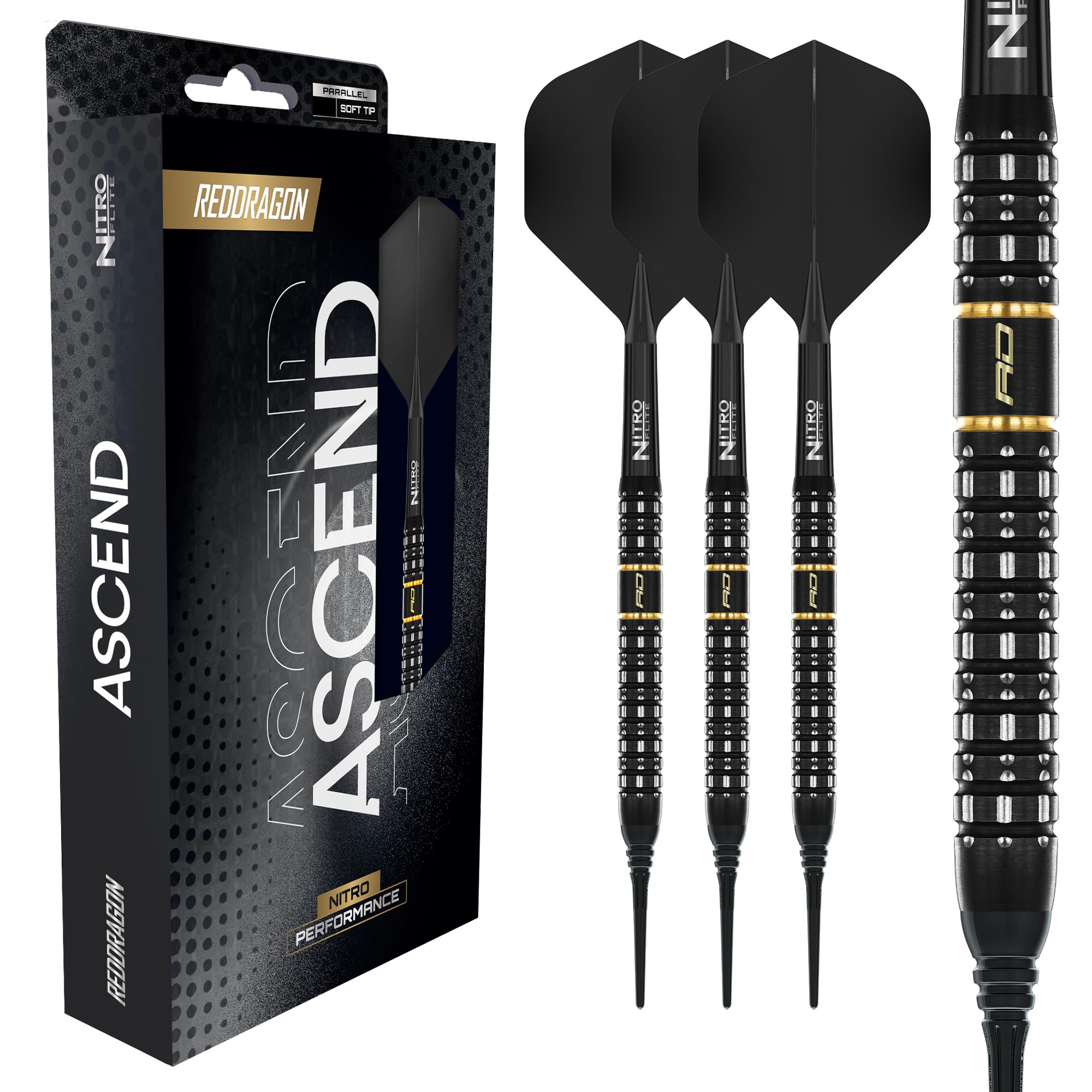RED DRAGON Rzutki - seria Ascend - 90% zestaw rzutek wolframowych - zintegrowany lot/trzonek Nitro Flite, loty i łodygi do rzutek, różne profile beczkowe |18 g, 20 g, 22 g, 23 g, 24 g i 25 g