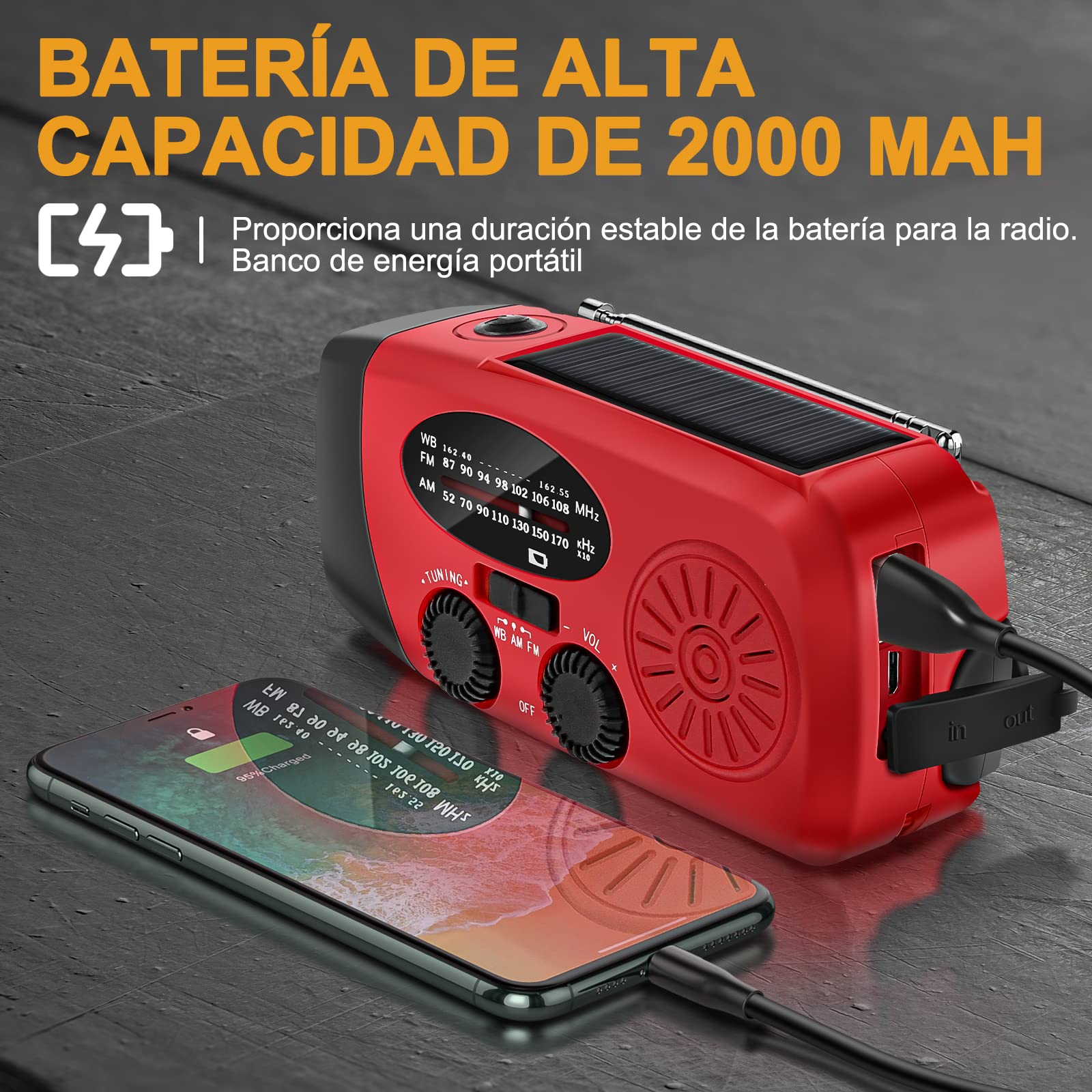 Radio Solar de Emergencia Radio FM/Am/NOAA Portátil Manivela de la Mano Radio con 2000mAh como Power Bank 3-LED Linterna Alarma SOS Radio portátil y Recargable doméstica y de Camping