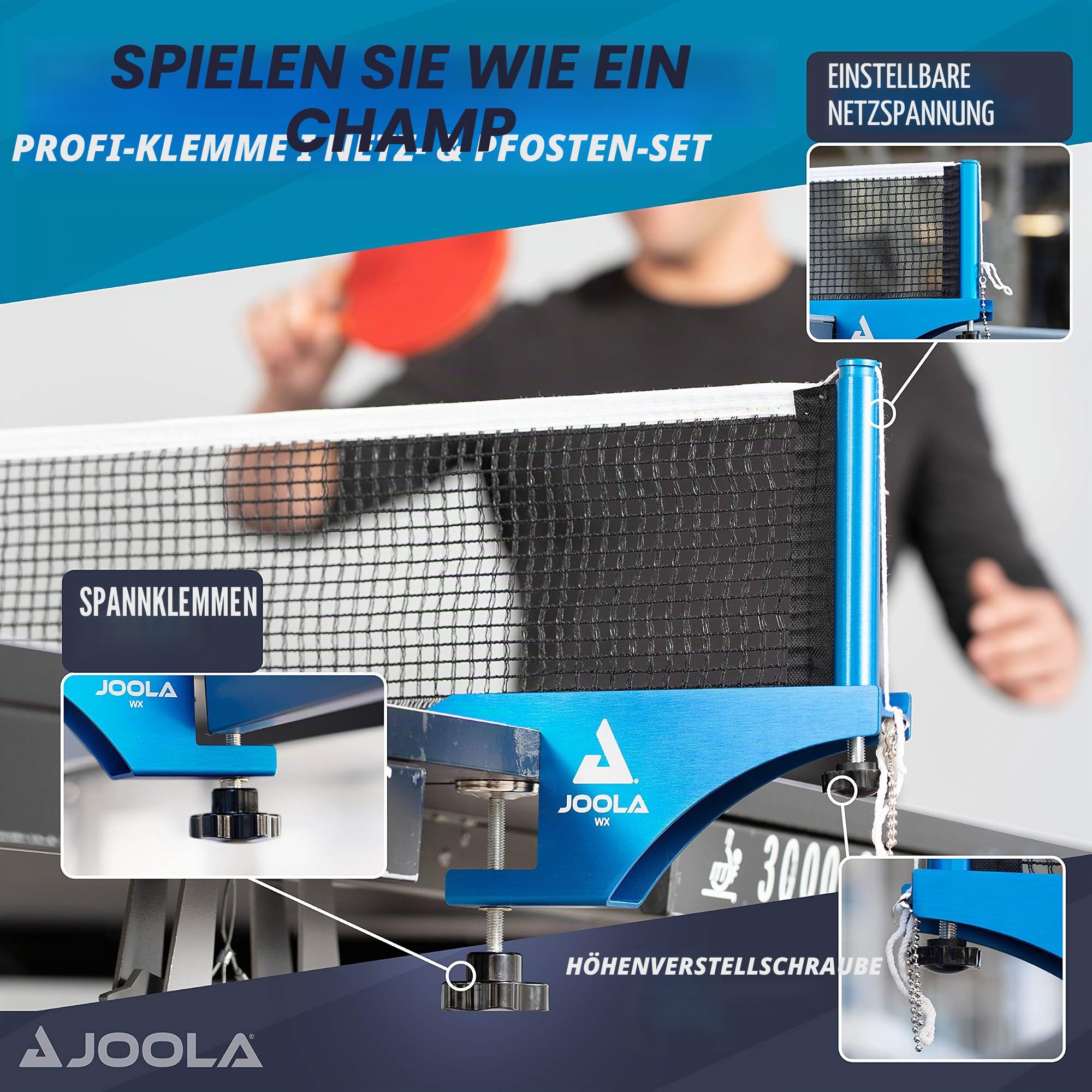JOOLA Tischtennisnetz WX Aluminium Tischtennisnetz-Garnitur für Indoor/Outdoor Tischtennisplatten | Verstärkter Baumwollgarn mit Höhenverstellschraube Blau eloxiert 183 cm x 15,25 cm