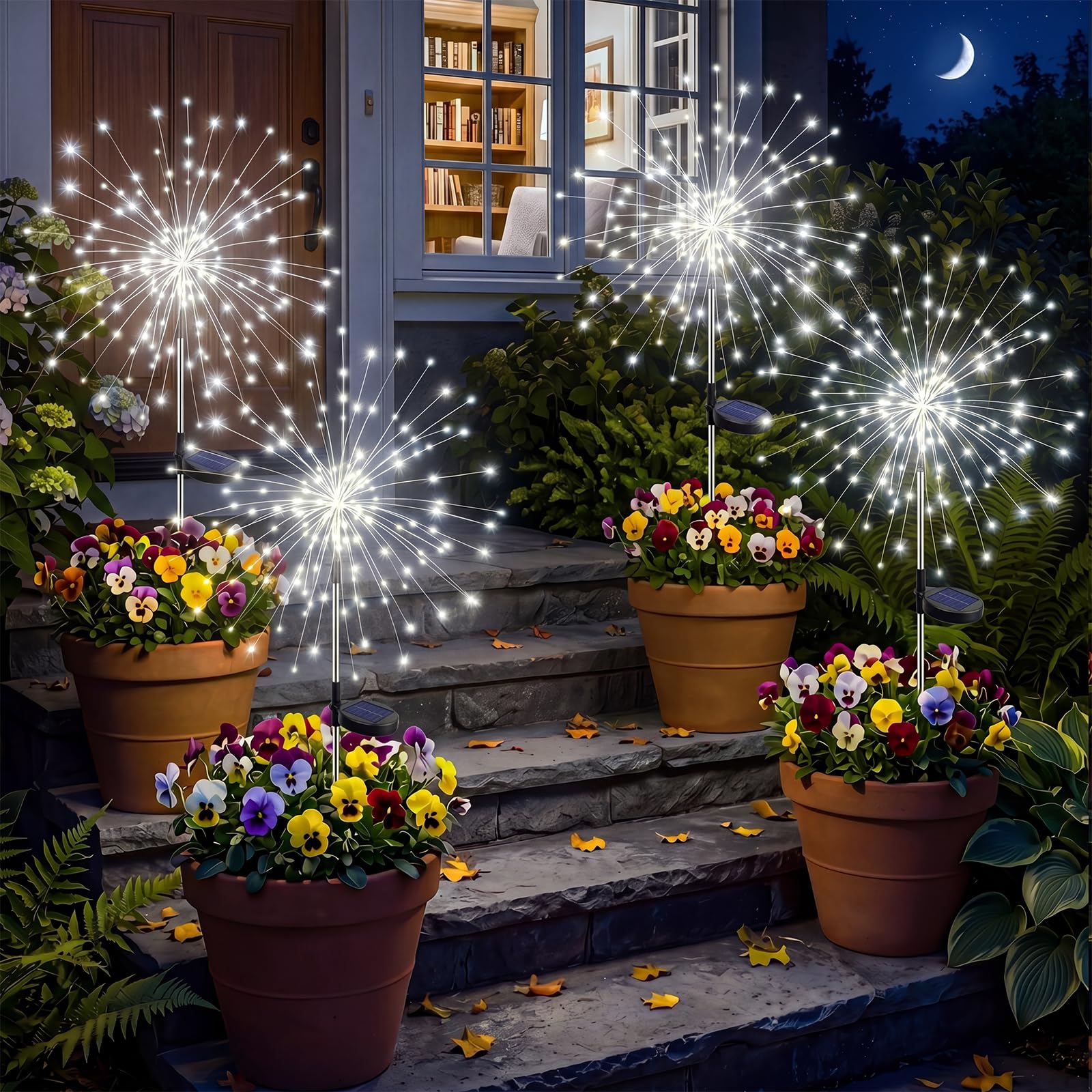 btfarm 4 Pack Solar Lights Outdoor Garden, 120 LEDs Solar Firework Lights 8 Modes, Starburst Decorative Light Powered Waterproof for Yard Lawn Patio Party Pathway Landscape Wedding Decor, Cool White