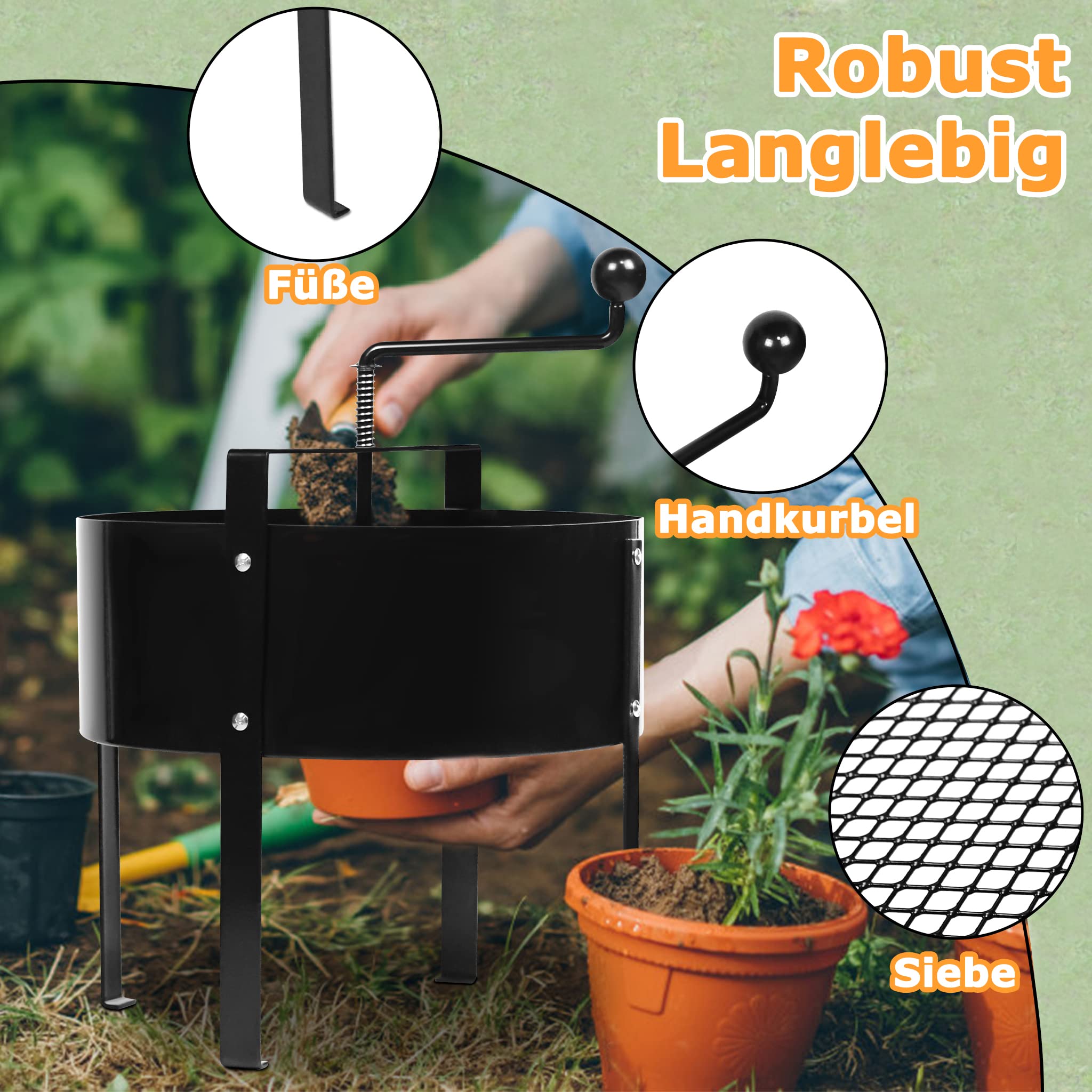 UISEBRT Tamis de jardin - Tamis de sol - Tamis à manivelle - Diamètre : 40 cm - En métal - Pour terre, pierres, compost - Sable - Noir