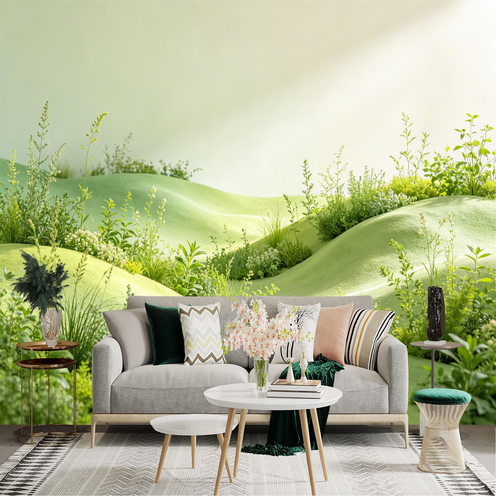 Lnzczhyre Dbh260521957 Custom Size Wall Sticker Mural， Soft Green Rolling Hills， Lush Meadow With Wildflowers， Minimalist Botanical Landscape， Serene Nature Scenery， For Wall Decoration， Peelandstick Wall Decals.