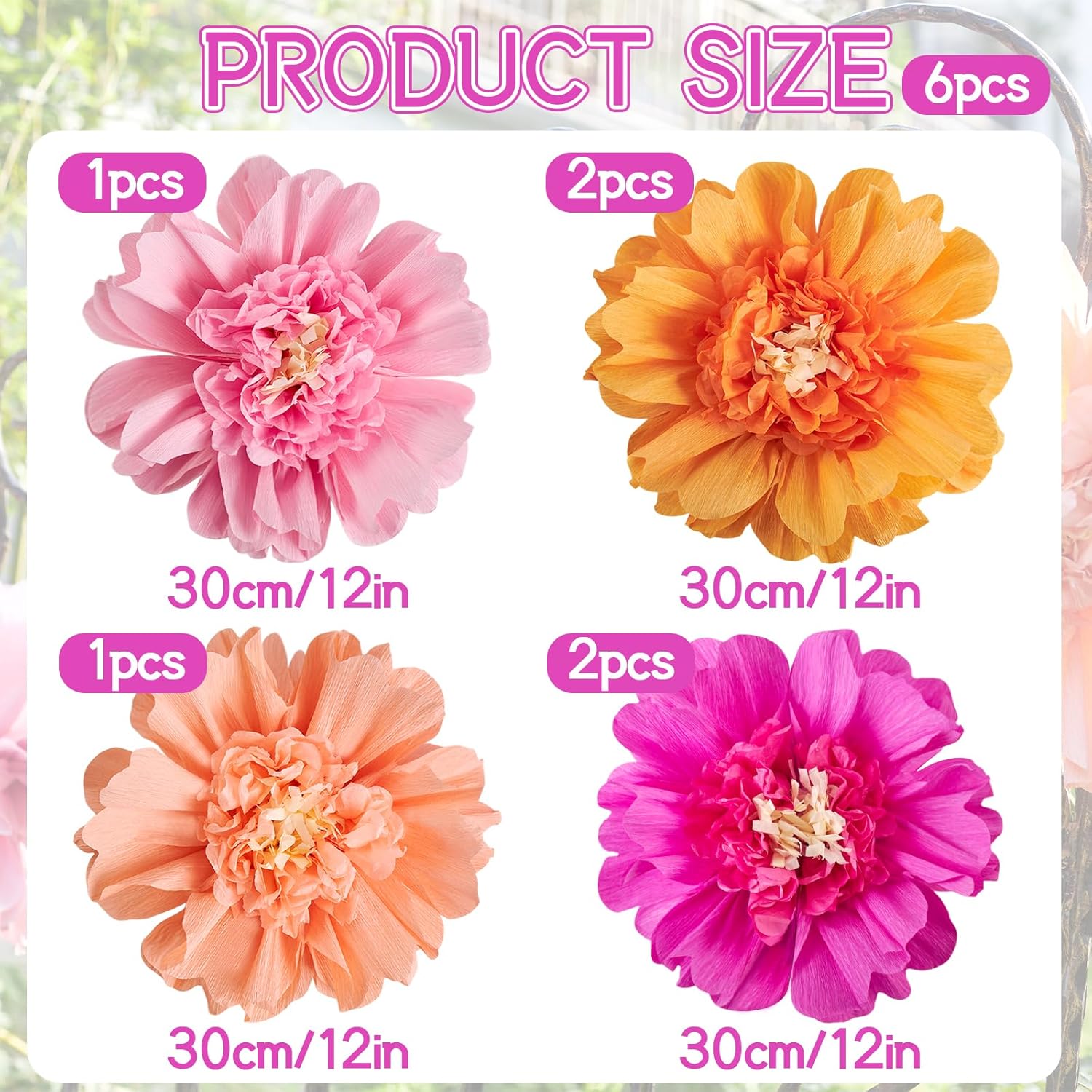 6PCS Tissue Paper Flowers，12 Inches Colorful Giant Crepe Paper Flowers Decorations for Wall,Large Flowers for Wedding Birthday BabyShower Party Bulletin Board Home Decor Supplies