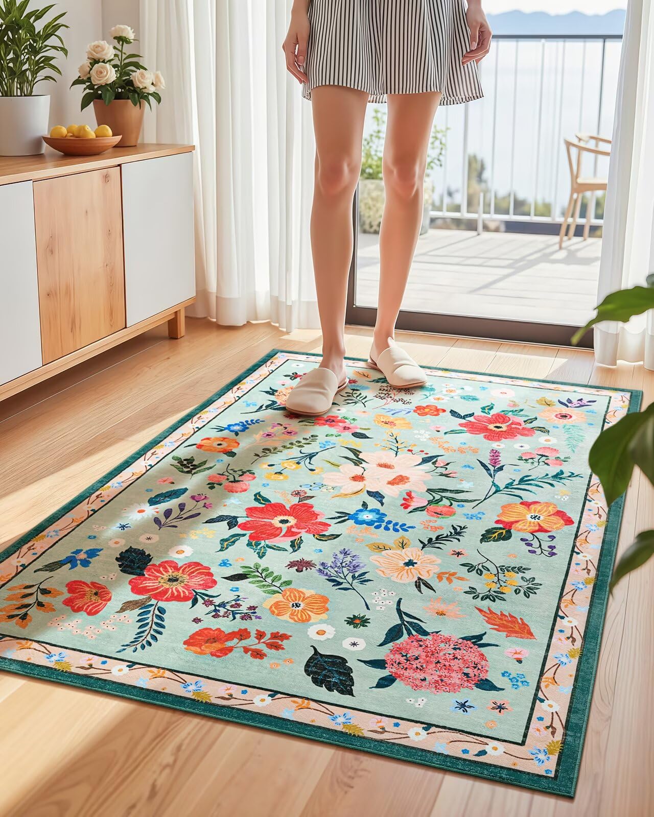 Macgace 3x5 Floral Rug for Girls Bedroom, Machine Washable Area Rugs with Non Slip Backingfor Living Room, Cute Flowers Carpet Kitchen Dining Room Kids Playroom Decor, Light Green — image 1