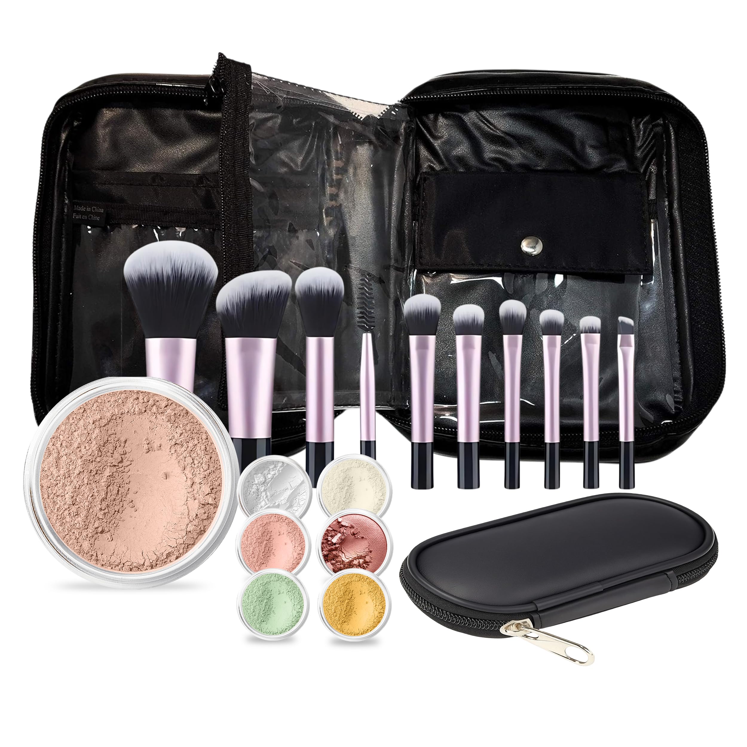 Mineral Makeup Starter Kit with Brushes & Zip Case – Full Size Foundation with Sample Size Veil Primer, Blush, Bronzer, Finishing Powder, Green &