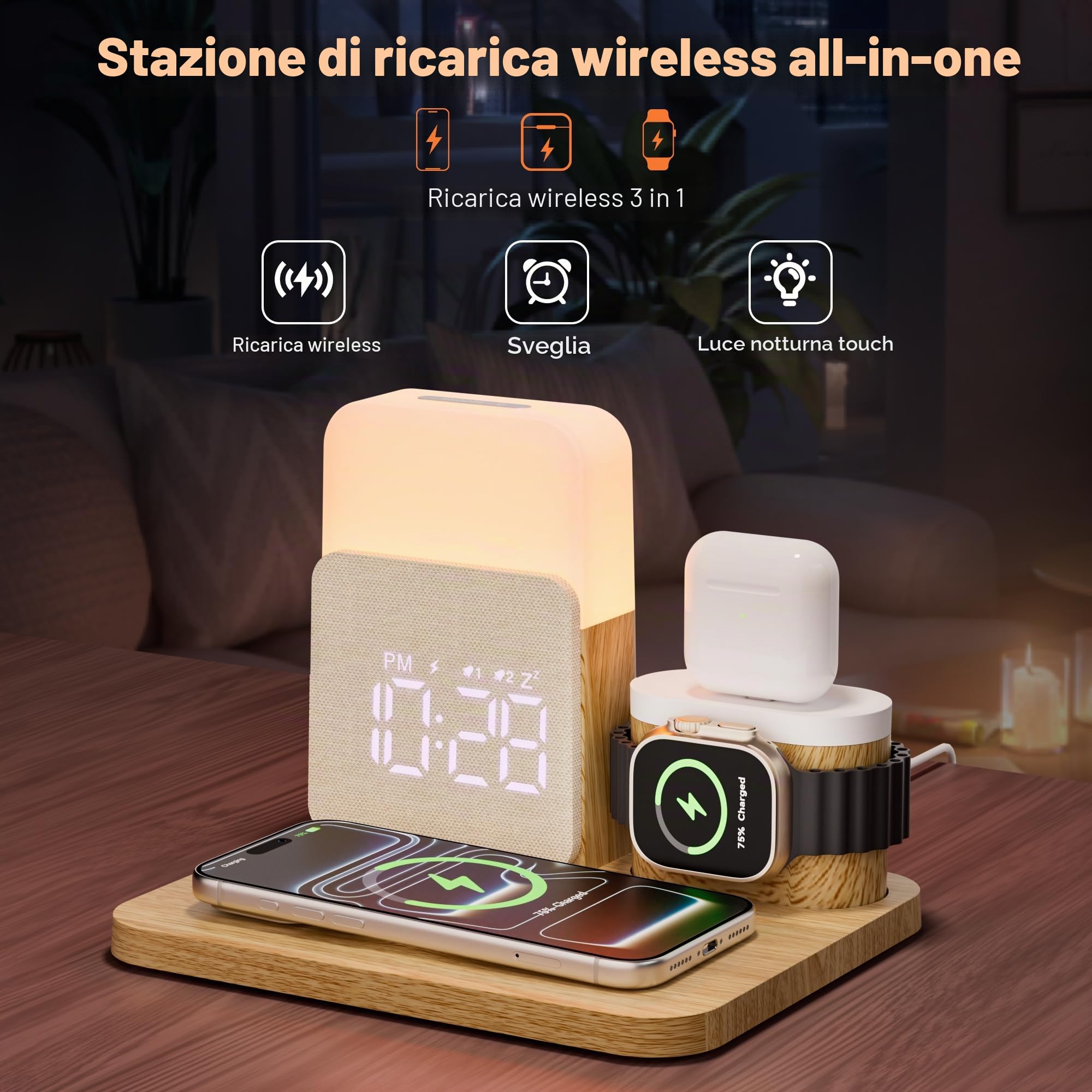 5 in 1 Caricatore Wireless per i-phone, Stazione di Ricarica con Sveglia | Caricatore 3 in 1 A-Watch Air-Pods i-phone 17-11 e Luce 3 Colori Regolabile, Adattatore Incluso – per Camera, Ufficio